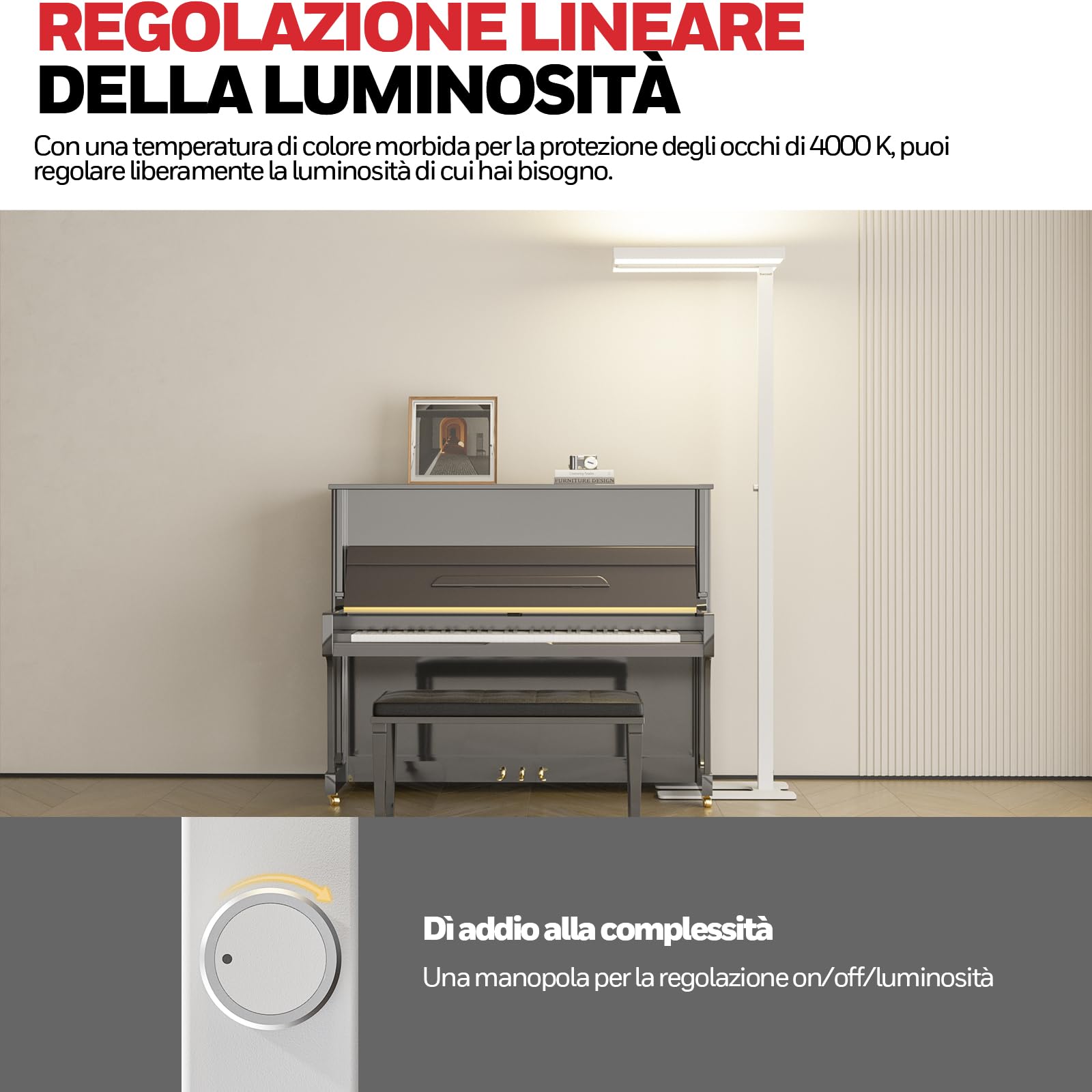 Honeywell 02E Lampada A Terra LED, 10400LM Sunturalux Protezione Occhi | 4000K, 100W luce naturale, lampada da lettura dimmerabile, lampada a terra moderna per ufficio domestico, soggiorno e camera