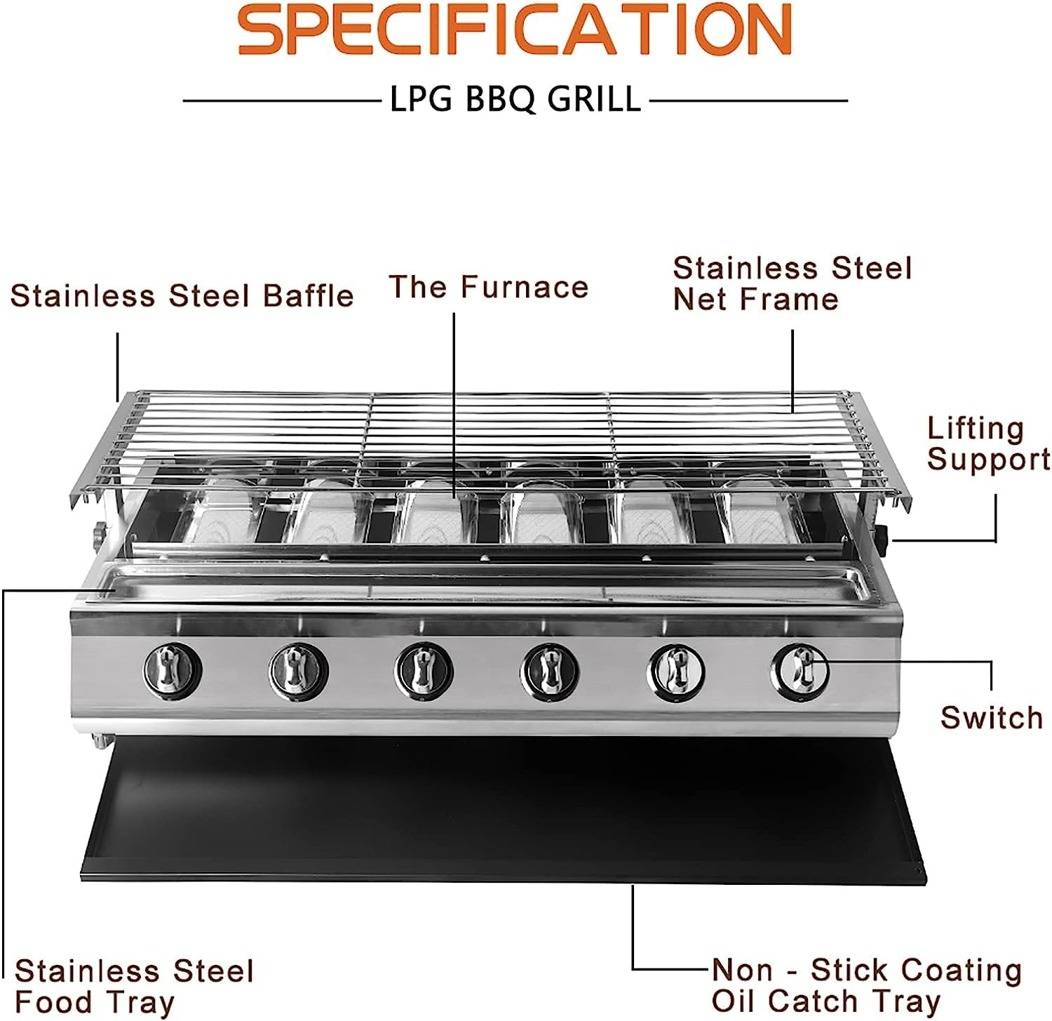 Parrilla De Gas Propano De Mesa Para Exteriores De 6 Quemadores, De Acero Inoxidable Sin Humo Portátil Para Barbacoa, Acampar, Picnics, Jardín y Fiesta