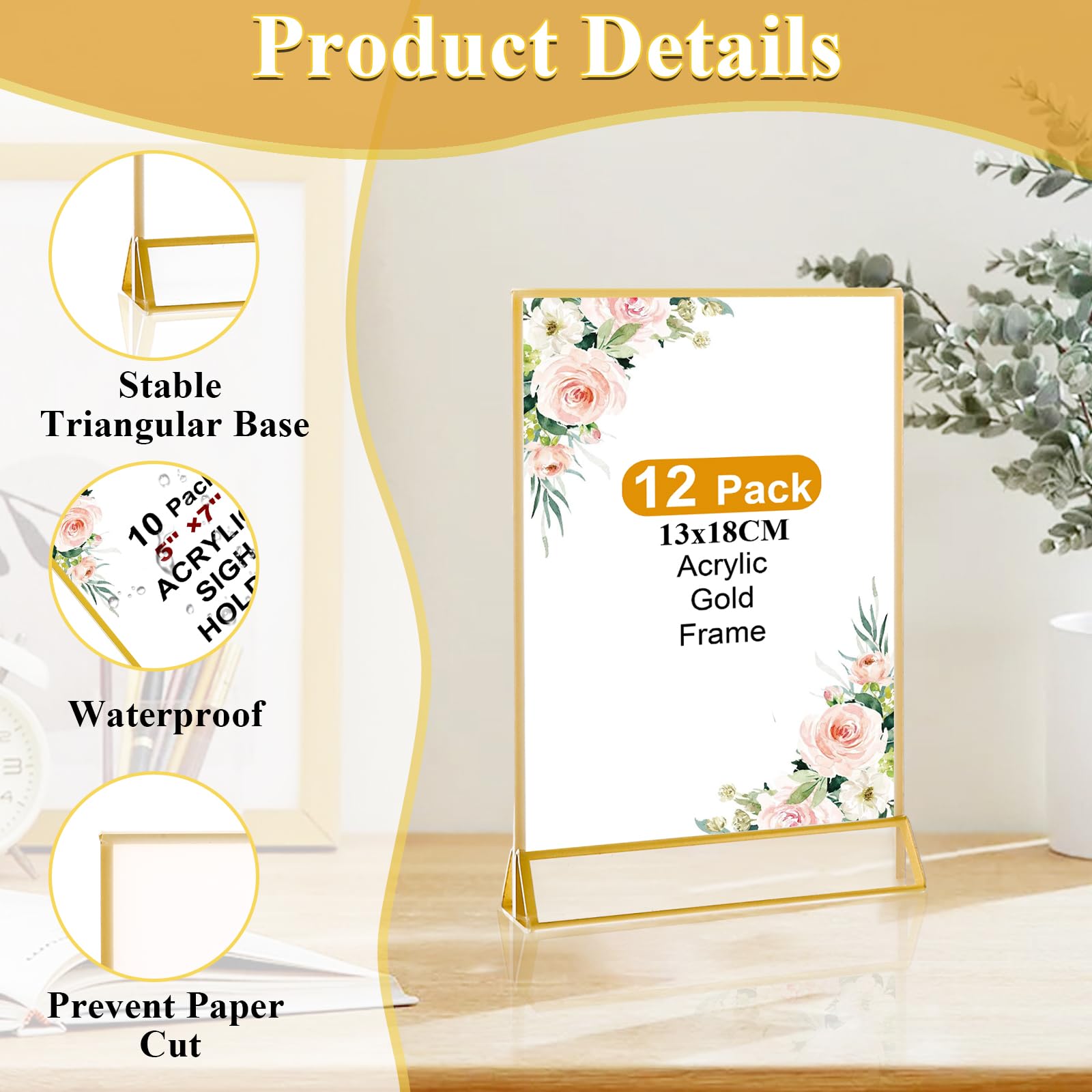 DAJAVE Cadres Photos Dorés Double Face 13x18CM - Pack de 12 - Porte-numéros de table dorés en acrylique, chevalets de table transparents pour affiche, porte-menus, cadres photos (A6)