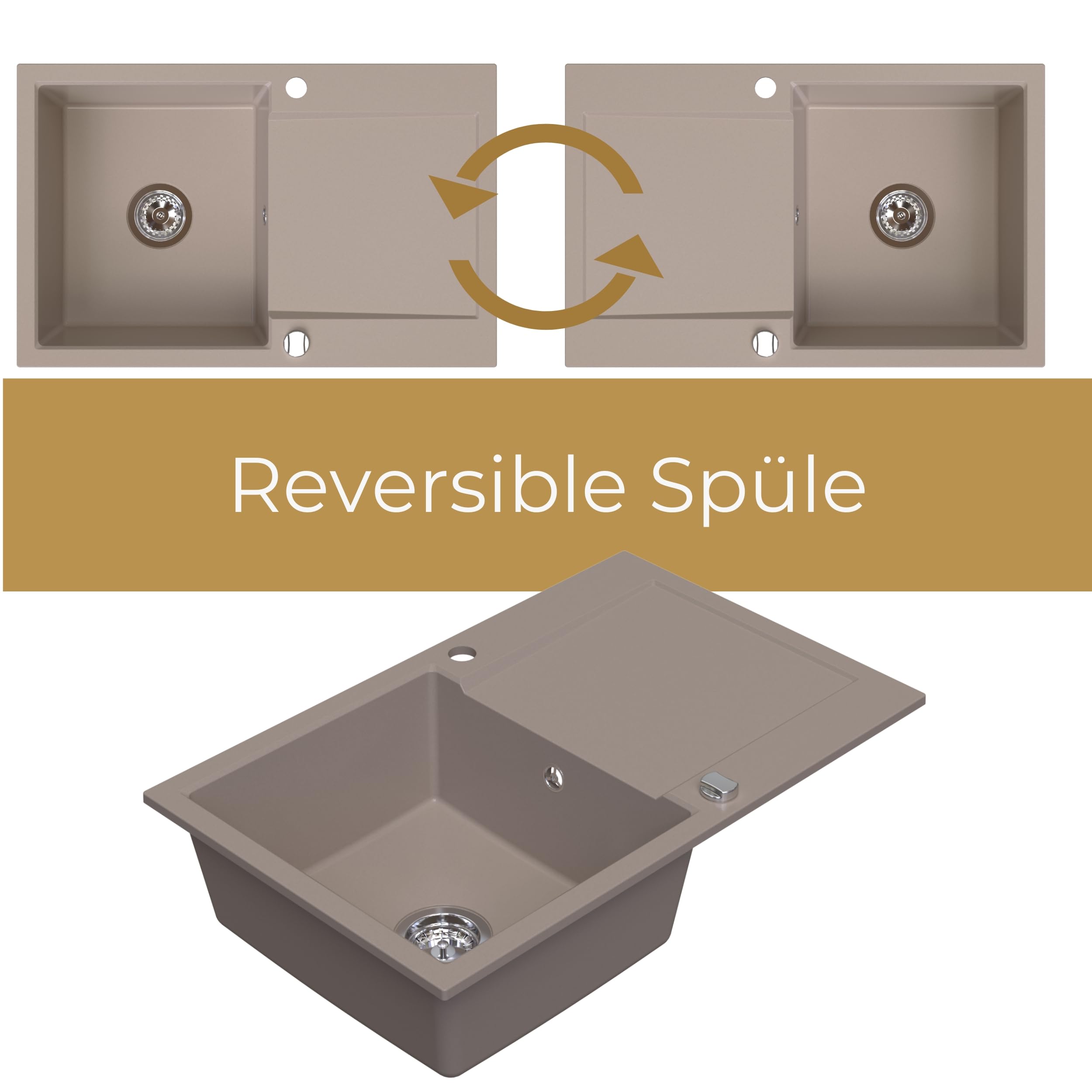 SINK Quality zlewozmywak kuchenny z ociekaczem – zlewozmywak beżowy 79 x 50 cm – w zestawie syfon i środki impregnujące – zlewozmywak do zabudowy z granitu do szafki pod umywalkę 50