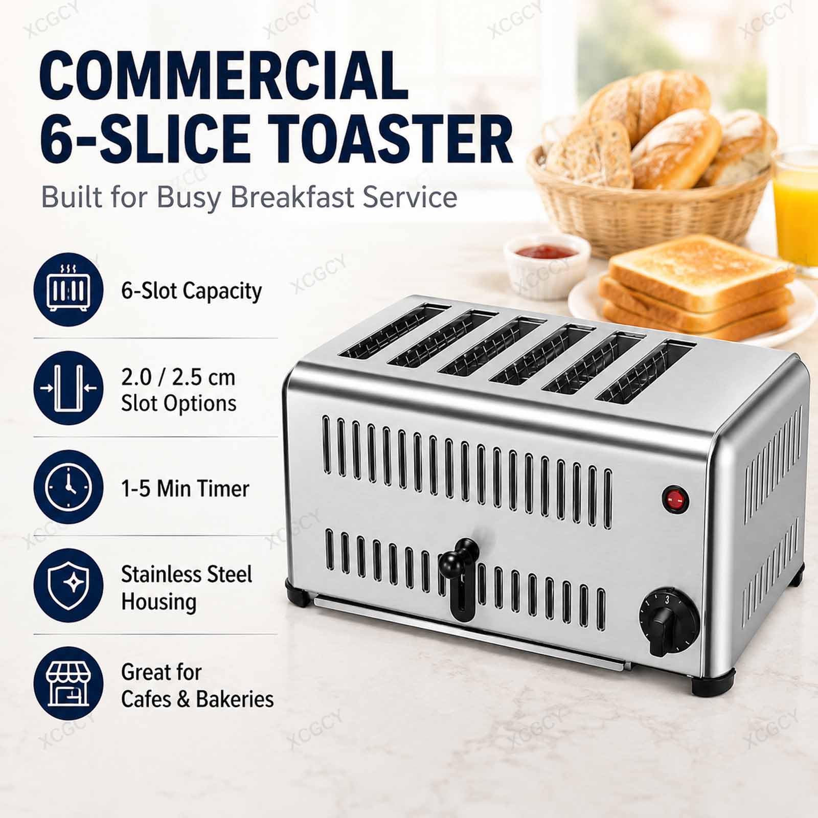 Tostadora De 6 Rebanadas, Máquina De Pan Comercial, Tostadora Comercial con Temporizador 1-5 Min, Acero Inoxidable De Mostrador, Ranuras Anchas para Restaurantes Y Panaderías Slot 2cm