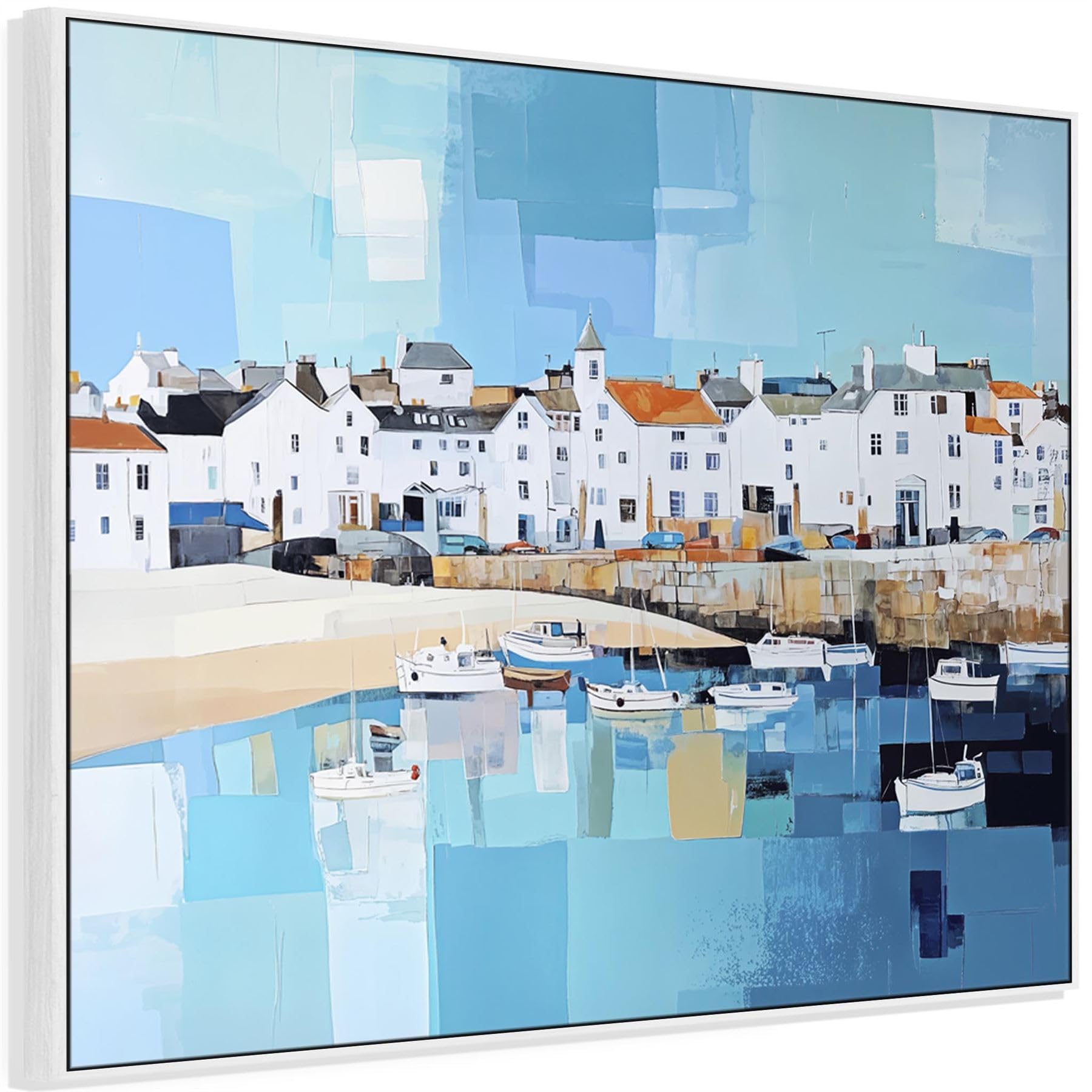Wallfillers Large Blue White Coastal Art Print - Framed Cornish Seaside 1 (84cm x 69cm)