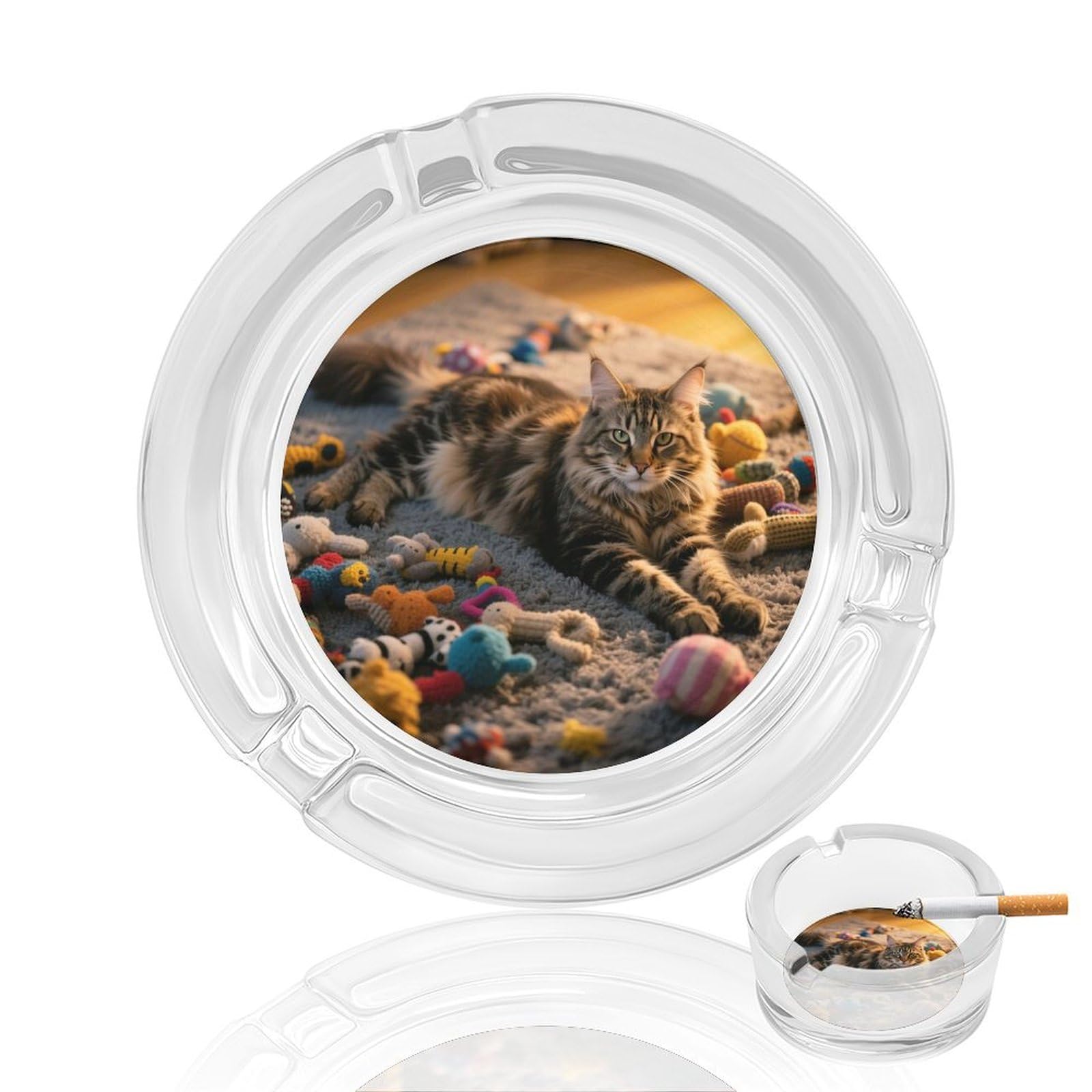 Cendrier Maine Coon en verre transparent résistant pour décoration de table