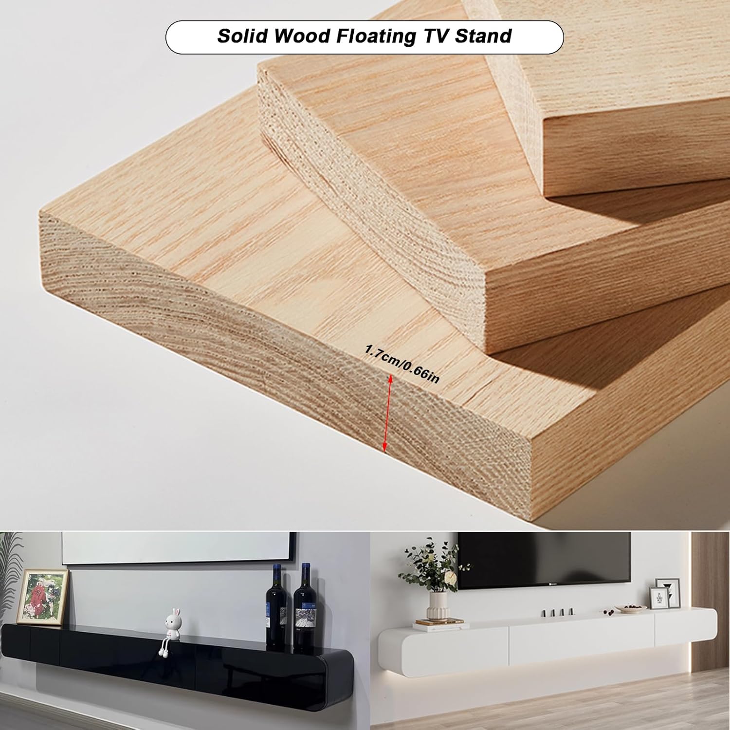 Solid Wood Floating TV Stand Wall Mounted,63" White Floating Entertainment Center, Hanging TV Cabinet for Under tv, Floating Media Console Shelf for Living Room,Bedroom (DSGWHITE-B, 63IN)