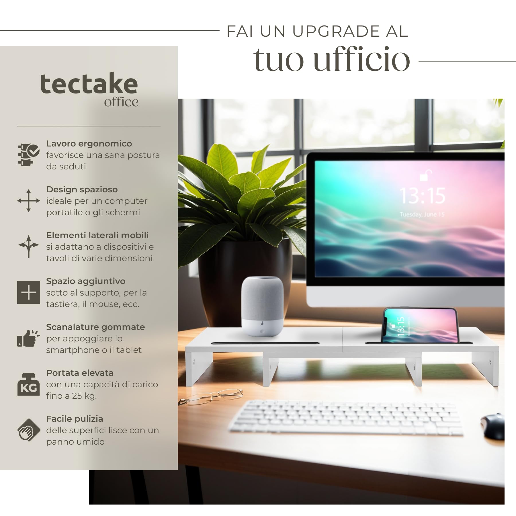 tectake® Supporto Monitor a 3 Pezzi, Rialzo Monitor Design Ergonomico, Supporto per Monitor con Parti Regolabili e Girevoli, Spazio per Accessori, 2 Supporti per Smartphone - Bianco