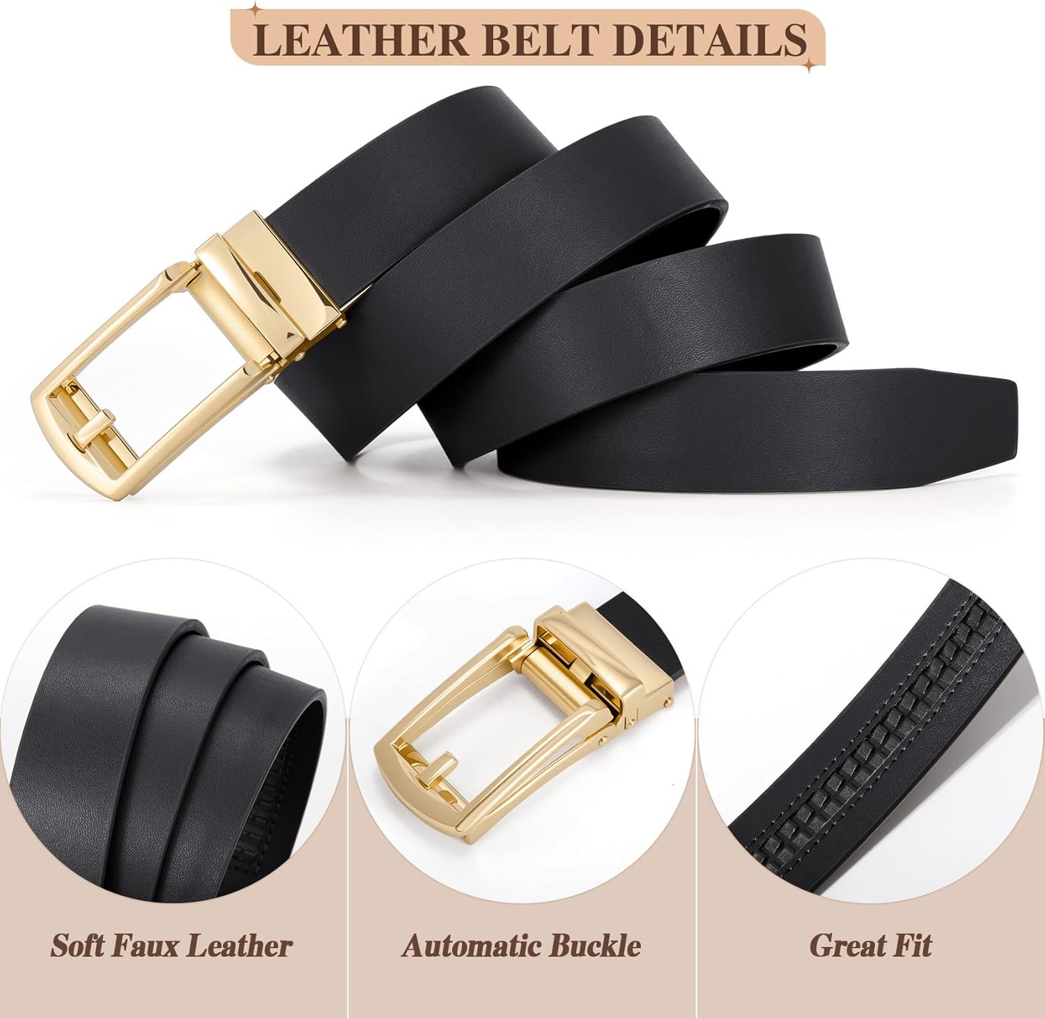 Women Leather Ratchet Belt for Jeans Pants with Automatic Gold Buckle Trendy Adjustable Ladies Dress Waist Belt Width 1.2" - Image 3