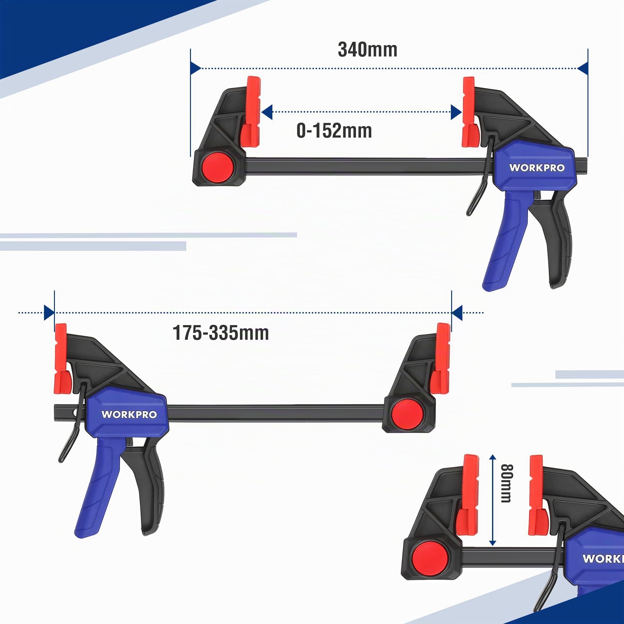 WORKPRO Jeu de Serre-joints Rapide 2 Pièces en Acier et Nylon Renforcé pour une Fixation Précise, Largeur de Serrage 152 mm, Force de Serrage Maximale 136 kg,Plage d'Etirement 175-335 mm