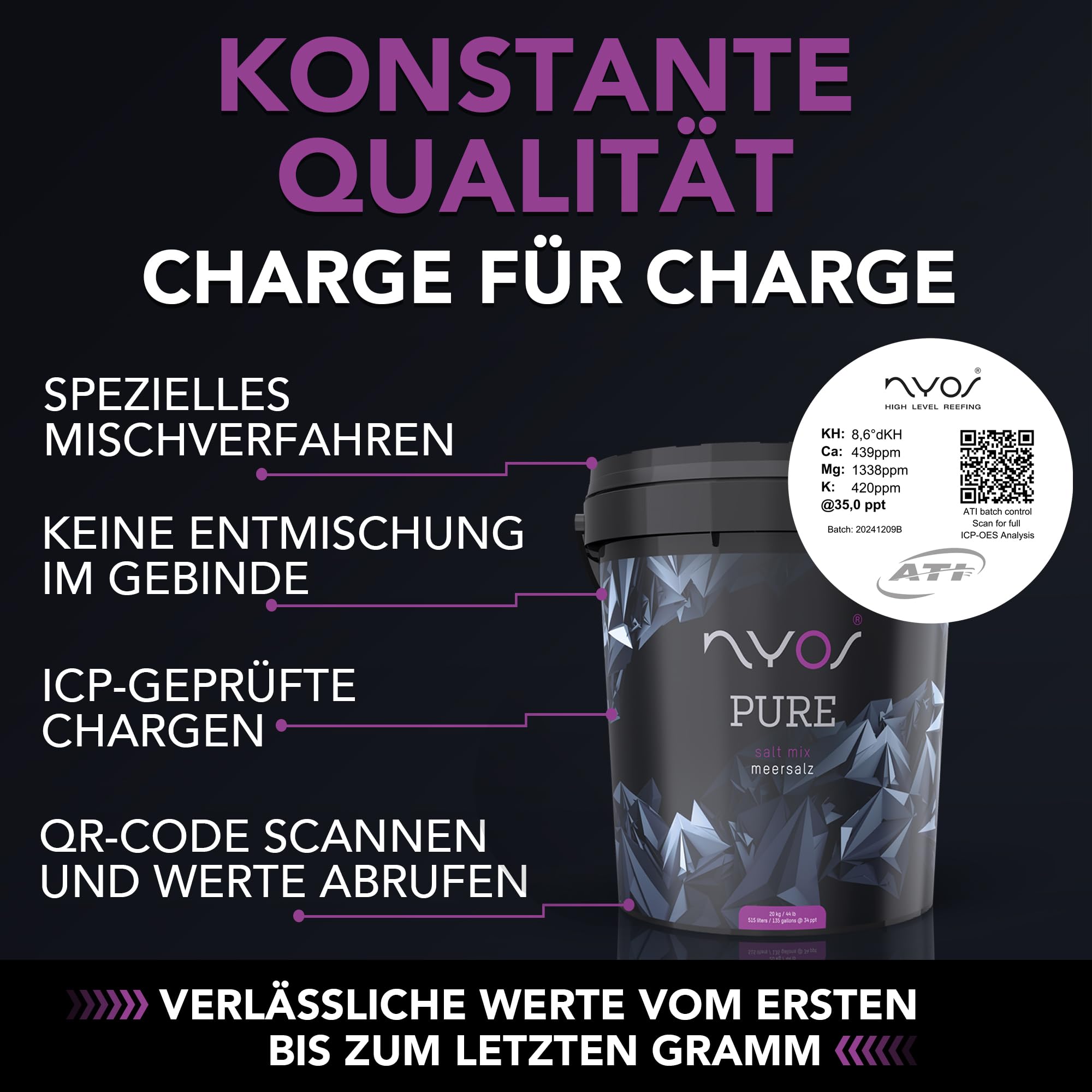 NYOS Pure Meersalz für Meerwasseraquarien - Fördert Korallenfarbe & Wachstum, Schnell löslich, ICP-geprüft, Natürliche Reinheit, 20kg Eimer