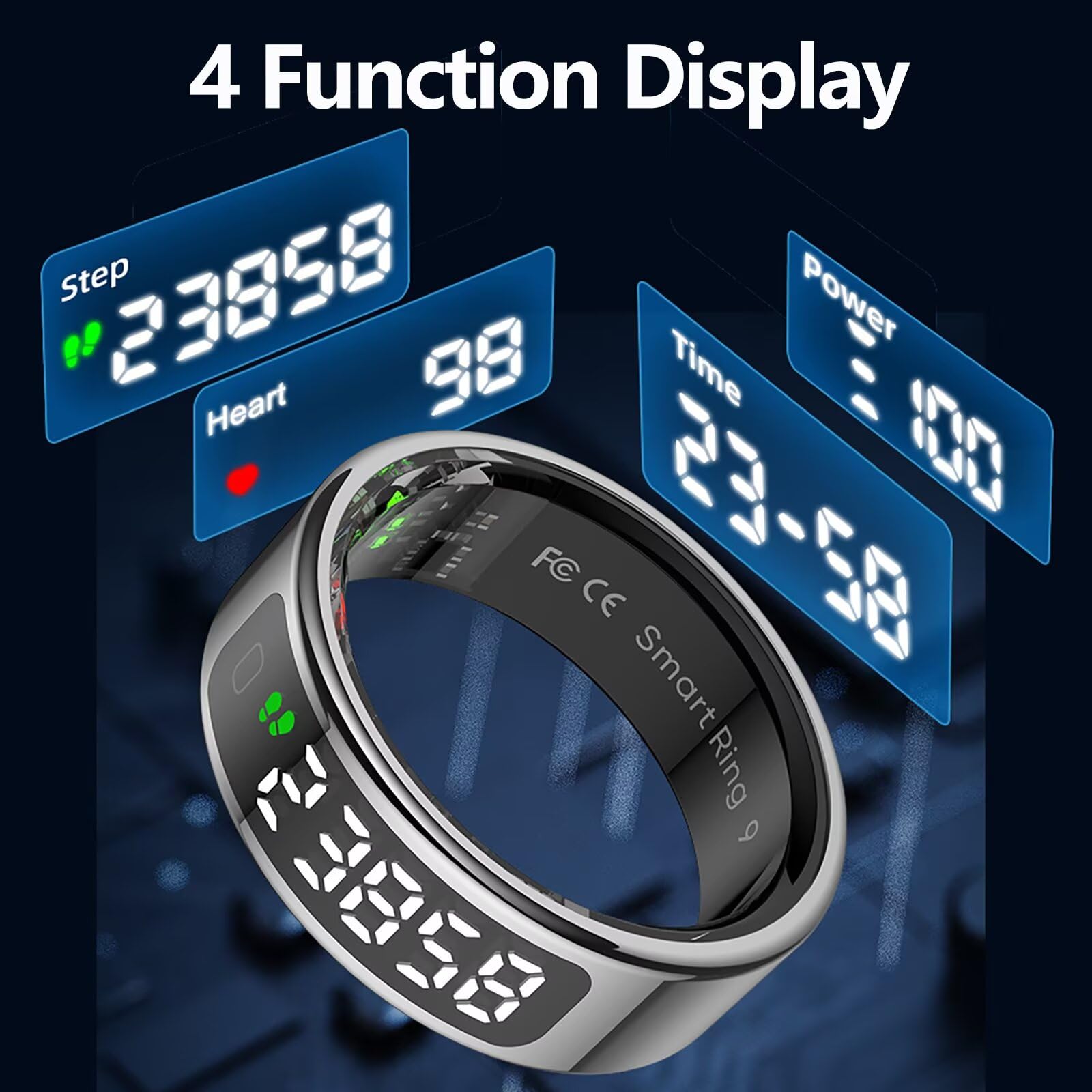 findtime Bague intelligente avec écran pour homme et femme IP68 étanche - Tracker Android iOS - Anneau de fitness intelligent SpO2 - Moniteur de fréquence cardiaque - Podomètre - Sport