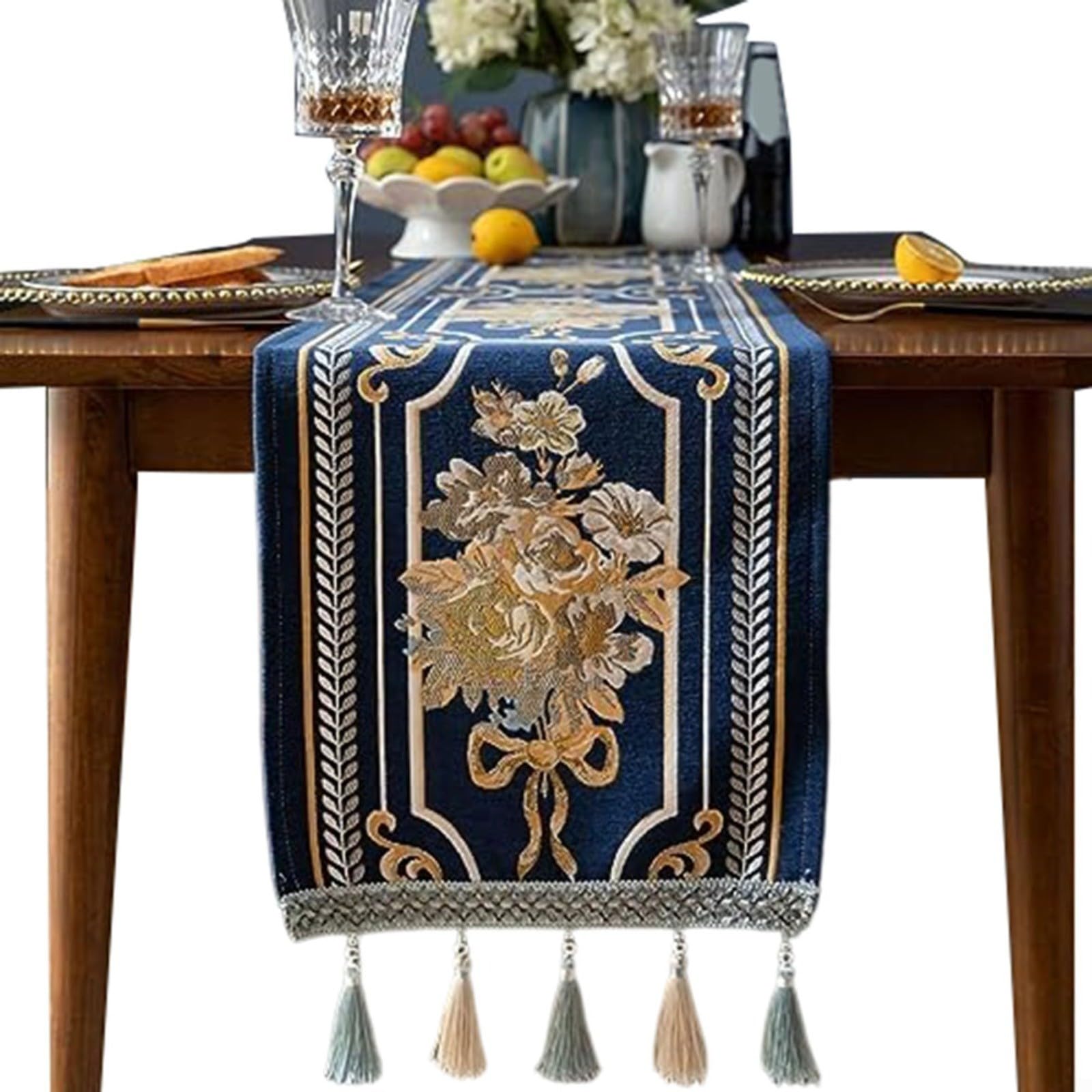 Tischläufer Chenille 32 Cm – Luxuriöser Dekoläufer Mit Jacquard-Blumenmuster & Quasten, Für Esstisch, Sideboard & TV-Board, Knitterfrei, Pflegeleicht, Blau(32x300)