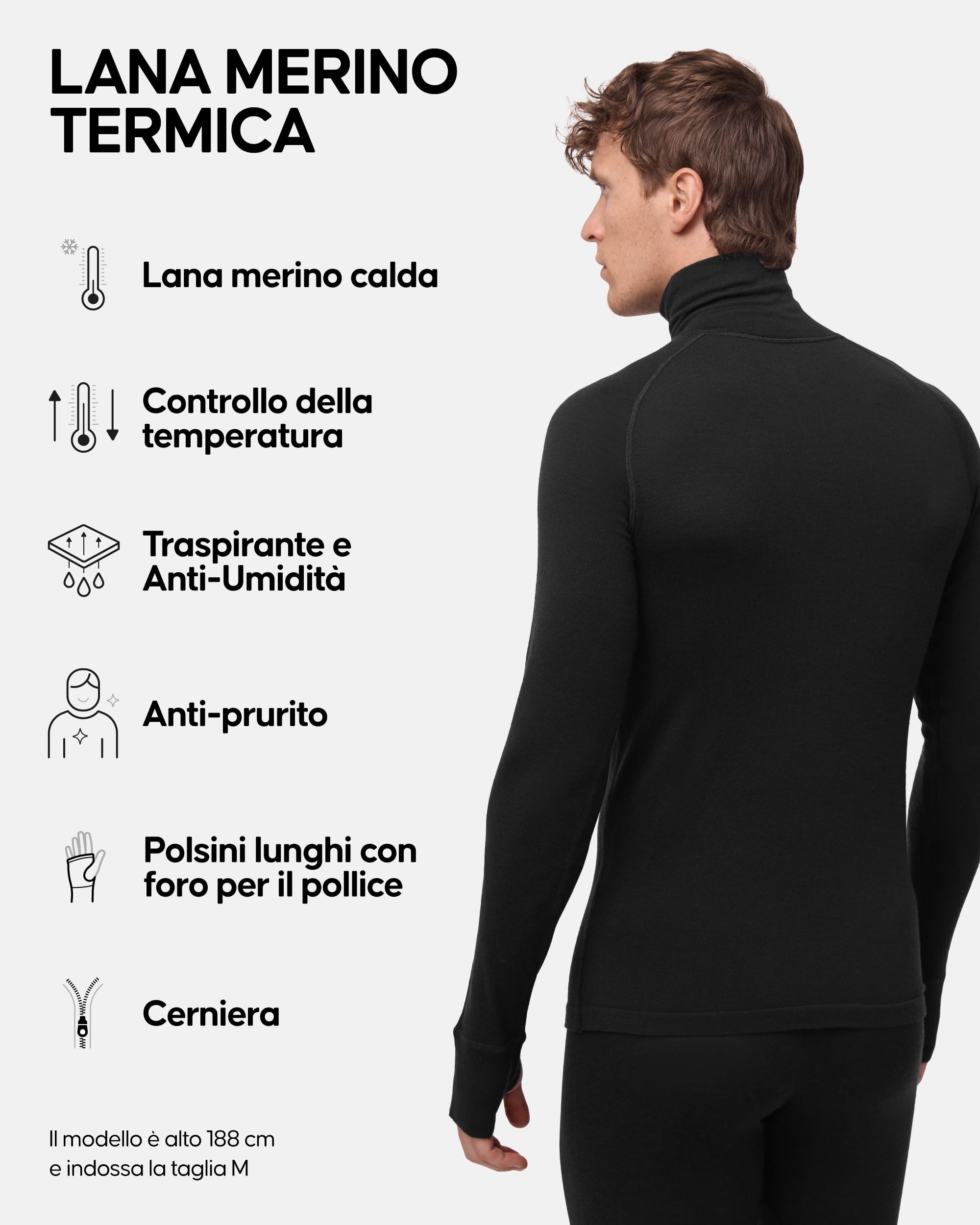 DANISH ENDURANCE Maglia Termica Uomo in Lana Merino, Manica Lunga, per Sci, Trekking, Escursionismo con o Senza Chiusura Zip