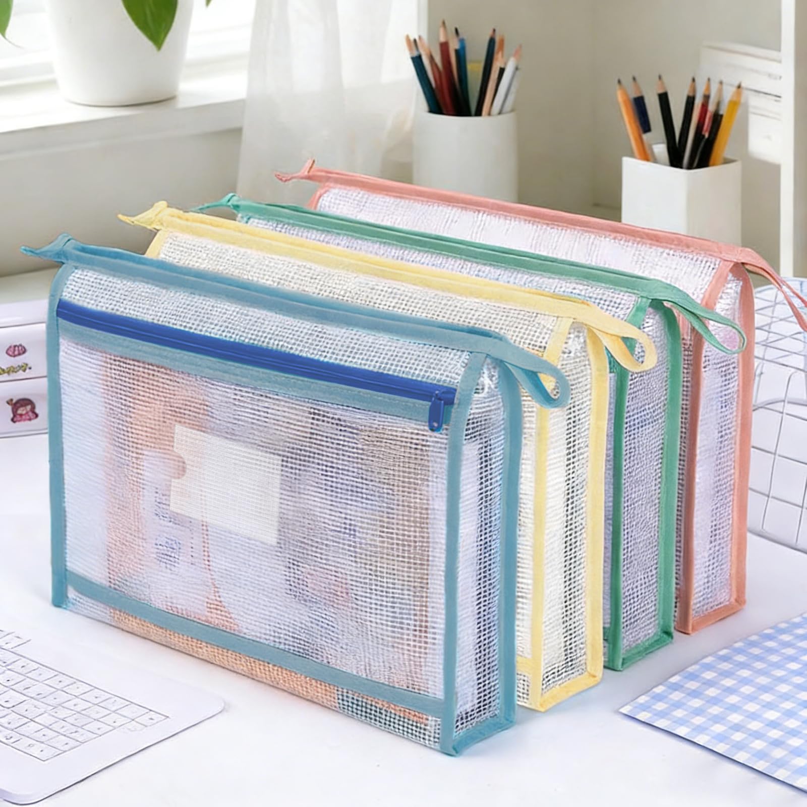 4 Piezas Juego de Bolsas Zip de Doble Capa de EVA, Bolsas de Documentos Impermeable 4 Colores, Carpeta Fundas Plastico A4 de Gran Capacidad para Guardar Documentos Libros y Mucho Más