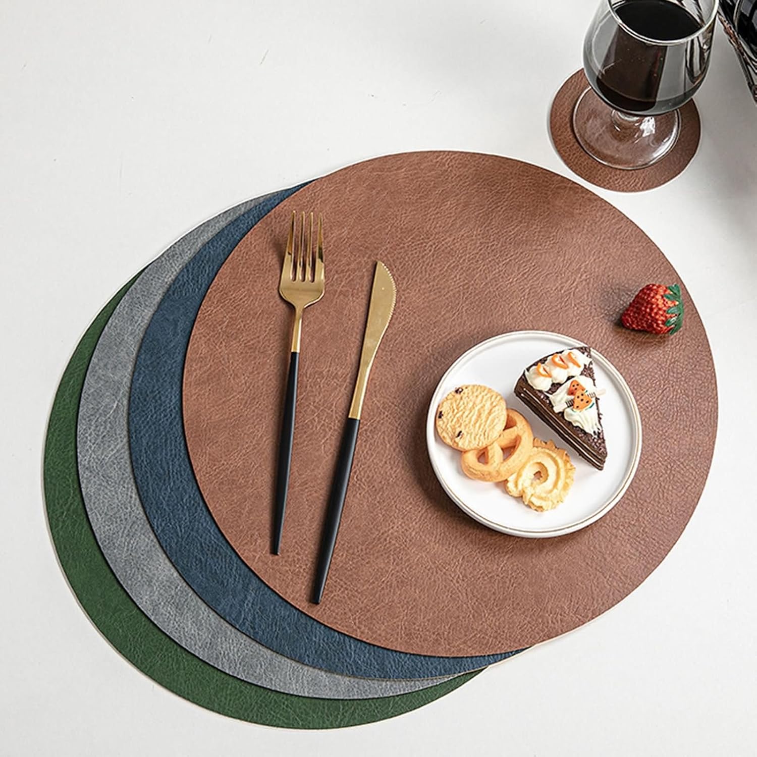 Table Placemats Set of 8,13 in / 33 CM,Table Mats PVC Leather Solid Color with Round Washable Placemats Dining Table Orange Brown