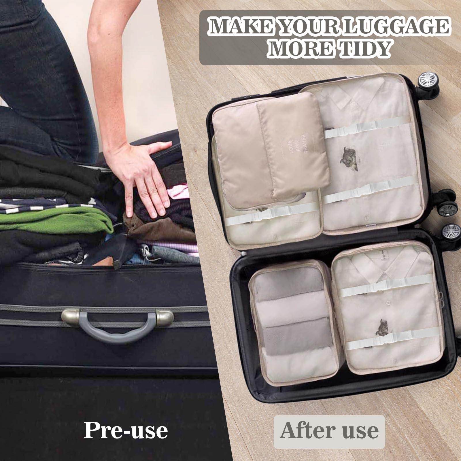 GIBOHOM Organizer Valigia, 15 Pezzi Set Organizer per Valigia, Packing Cubes per Vacanze e Viaggi, Divisori Valigia con Tasche Trasparenti, Beige