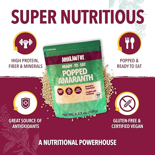 Miniatura 2 de Amaranthy Ready-to-eat Popped Amaranth Bag (3.53 oz) - High Protein Grain - Low Calorie - Vegan (1. Popped Bag 3.5 oz.)