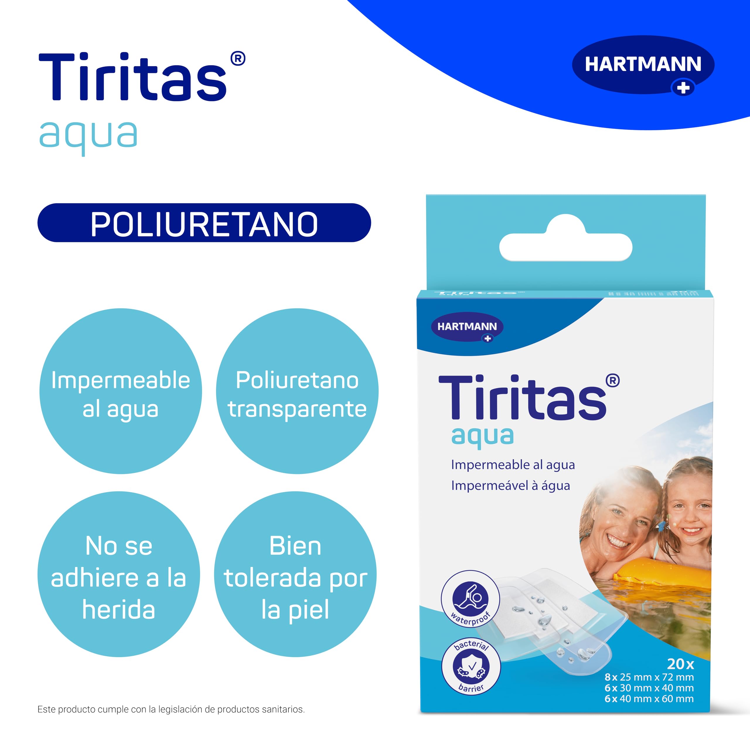 TIRITAS Aqua Kids: Apósitos aptos para contacto con agua; Con adhesivo hipoalergénico y diseños efecto tattoo perfectas para para niños. Dejan transpirar la piel; 2 tamaños; 12 unidades