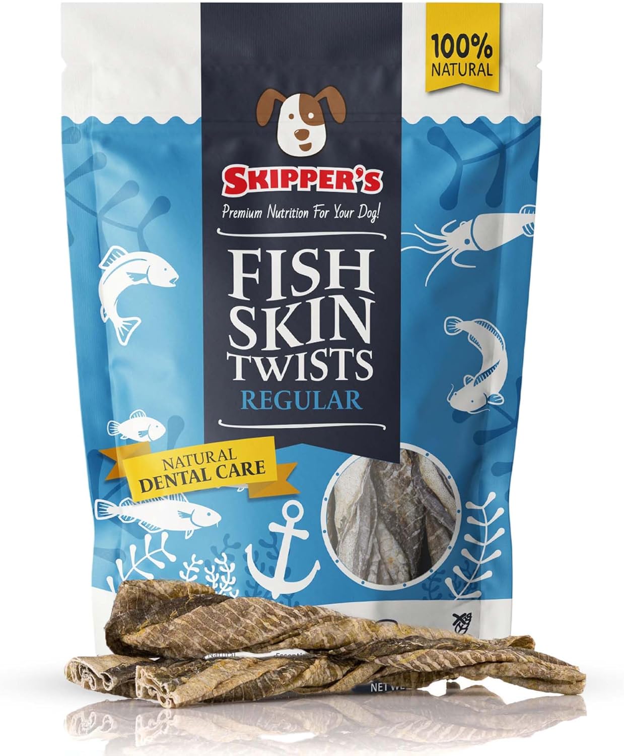 SKIPPER'S Cod Fish Skins Twists Dog Chews - 100% Fish Skin Grain Free Treats for Dogs, High in Protein & Low in Fat, Essential Omega 3 Oils | Great for Teeth (Regular, 8.82 Oz)