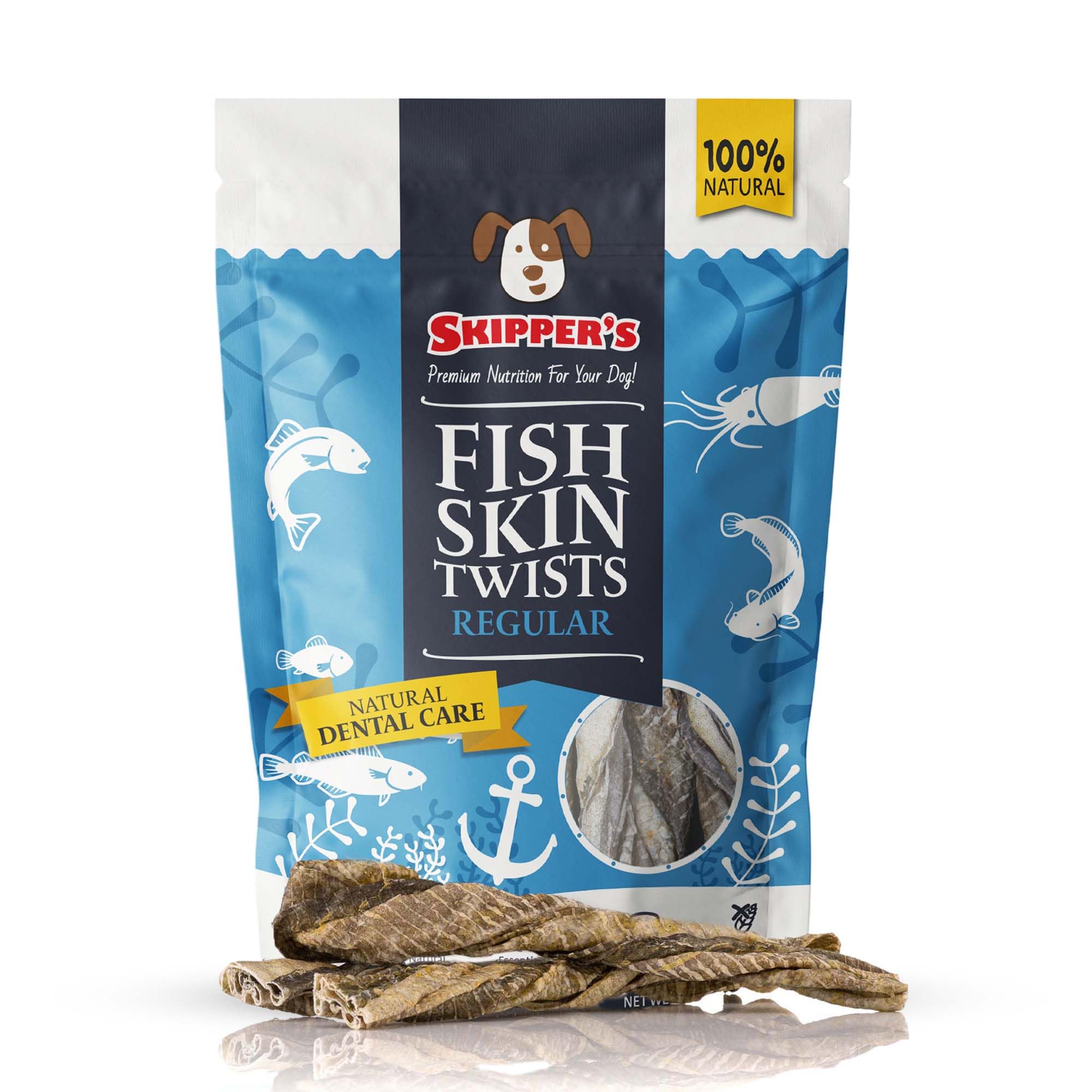 SKIPPER'S Cod Fish Skins Twists Dog Chews - 100% Fish Skin Grain Free Treats for Dogs, High in Protein & Low in Fat, Essential Omega 3 Oils | Great