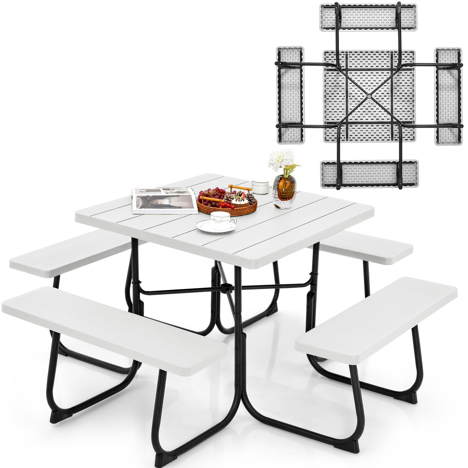 Set Giardino Tavolo E 2 Panche In Polietilene E Acciaio - Dimensioni 136,5x150x72 Cm, Colore Bianco, Portatile