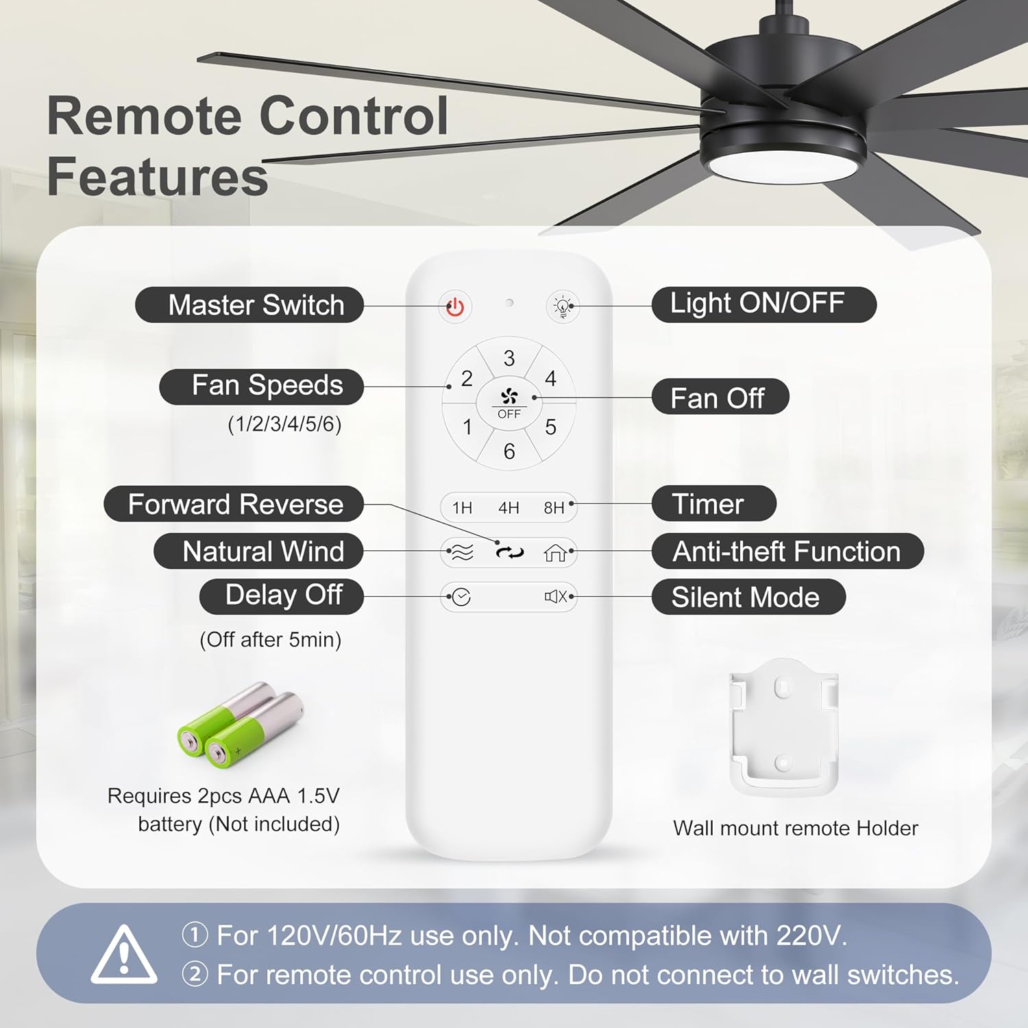 65 Inch Ceiling Fans with Lights and Remote, Large Ceiling Fan with 3CCT LED Light, 6 Speed Reversible Quiet DC Motor, Black Ceiling fan for Living Room, Patio, Library