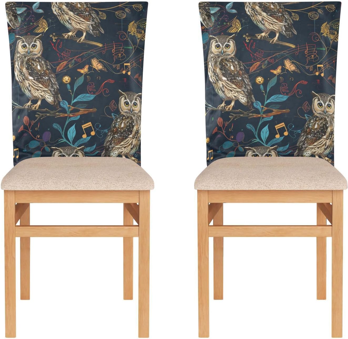 ALAZA Owl Leaves Music Notes Chair Back Cover Set of 6, Washable Reusable Removable Chair Slipcovers Decorative Chair Cover for Home Kitchen Wedding Party