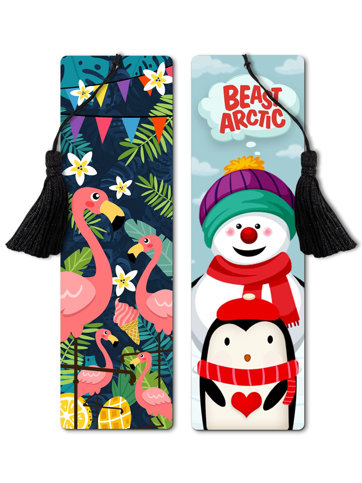 3D Lenticular Bookmark Set of 2 | 2 x 6 in with Tassel | Snowman and penguine + Pink Flamingo Birds | Creative Bookmarks for Book Unique Gifts for Book Lovers Bookmarks Aesthetic Gifts