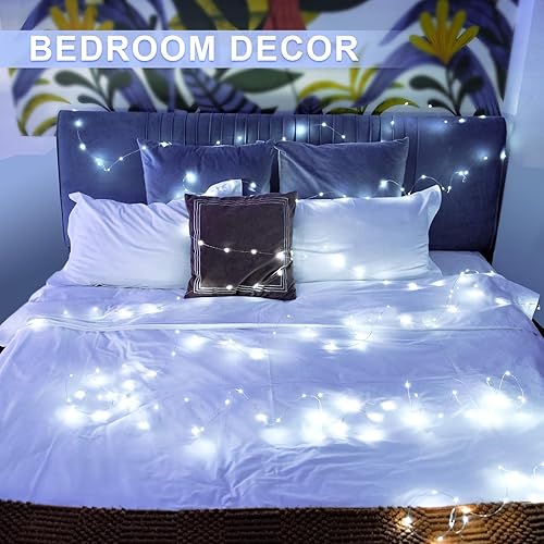 Vista 91 de JMEXSUSS Paquete de 2 luces de hadas azules que funcionan con pilas, 100 luces LED azules de 33 pies impermeables con temporizador remoto, luces