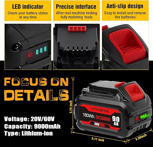 Miniatura 3 de CaliHutt Actualización Batería de repuesto de 20 V60 V 9.0 Ah para Dewalt 60 V Batería Flexvolt MAX DCB606 DCB612 DCB204 DCB206 Herramientas