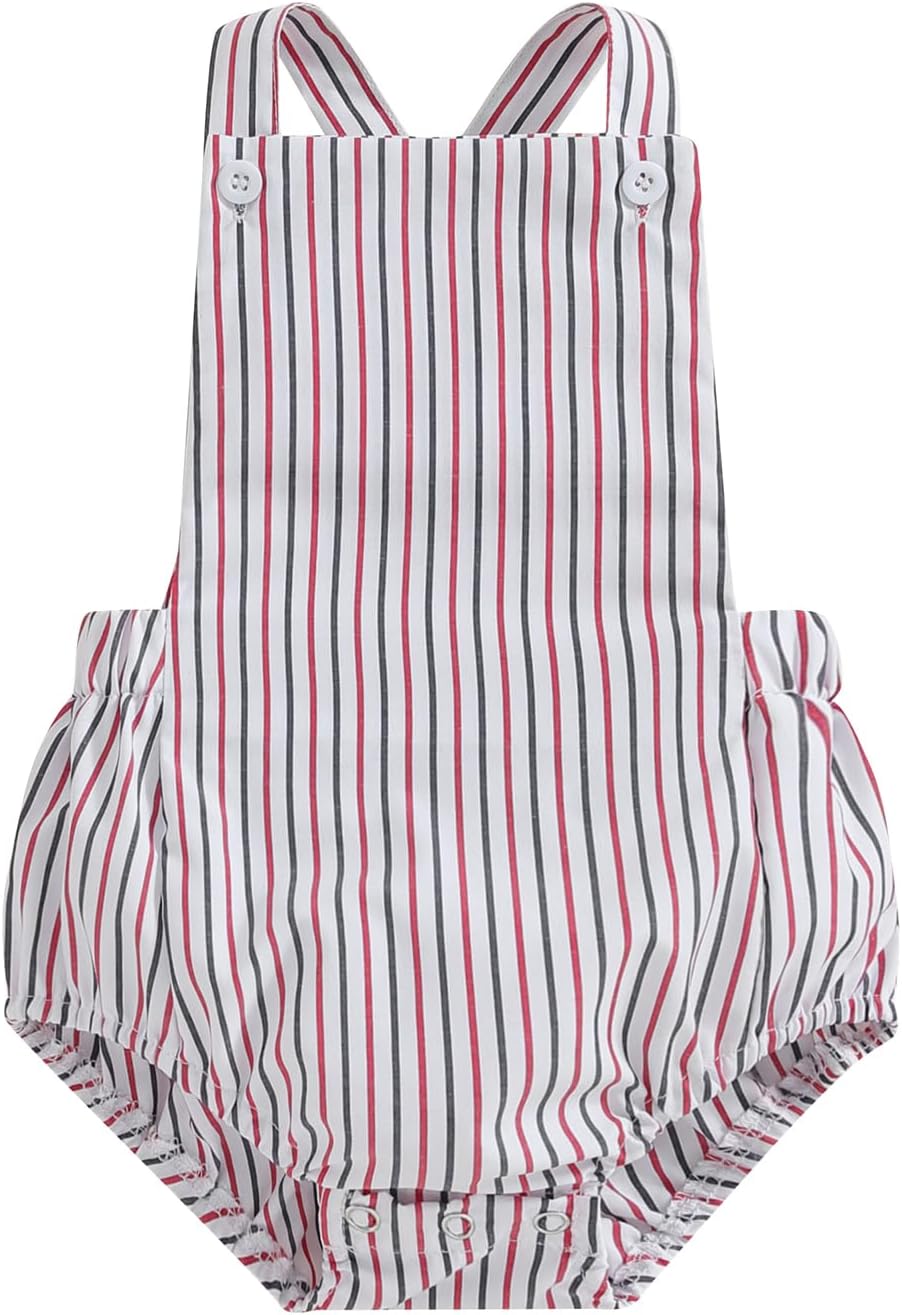 Newborn Baby 1 Piece Summer Romper Baby Girl Boy Solid Color Jumpsuit Sleeveless Backless Overalls Outfits 18-24 Months Stripe-red Blue