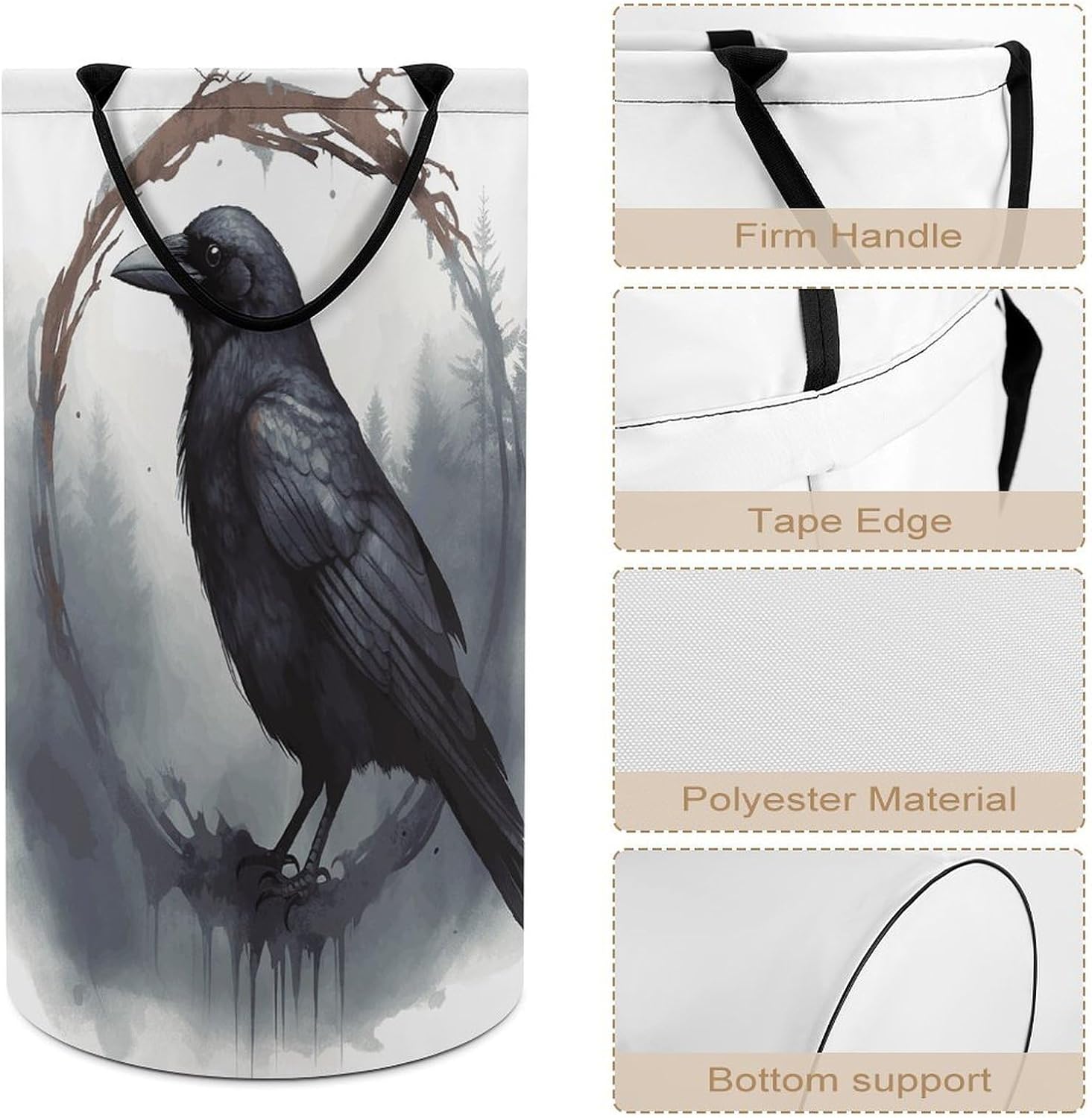 Large Laundry Hamper with Handles Black Crow Laundry Basket Freestanding Waterproof Clothes Hamper for Living Room Bedroom Bathroom College Dorm