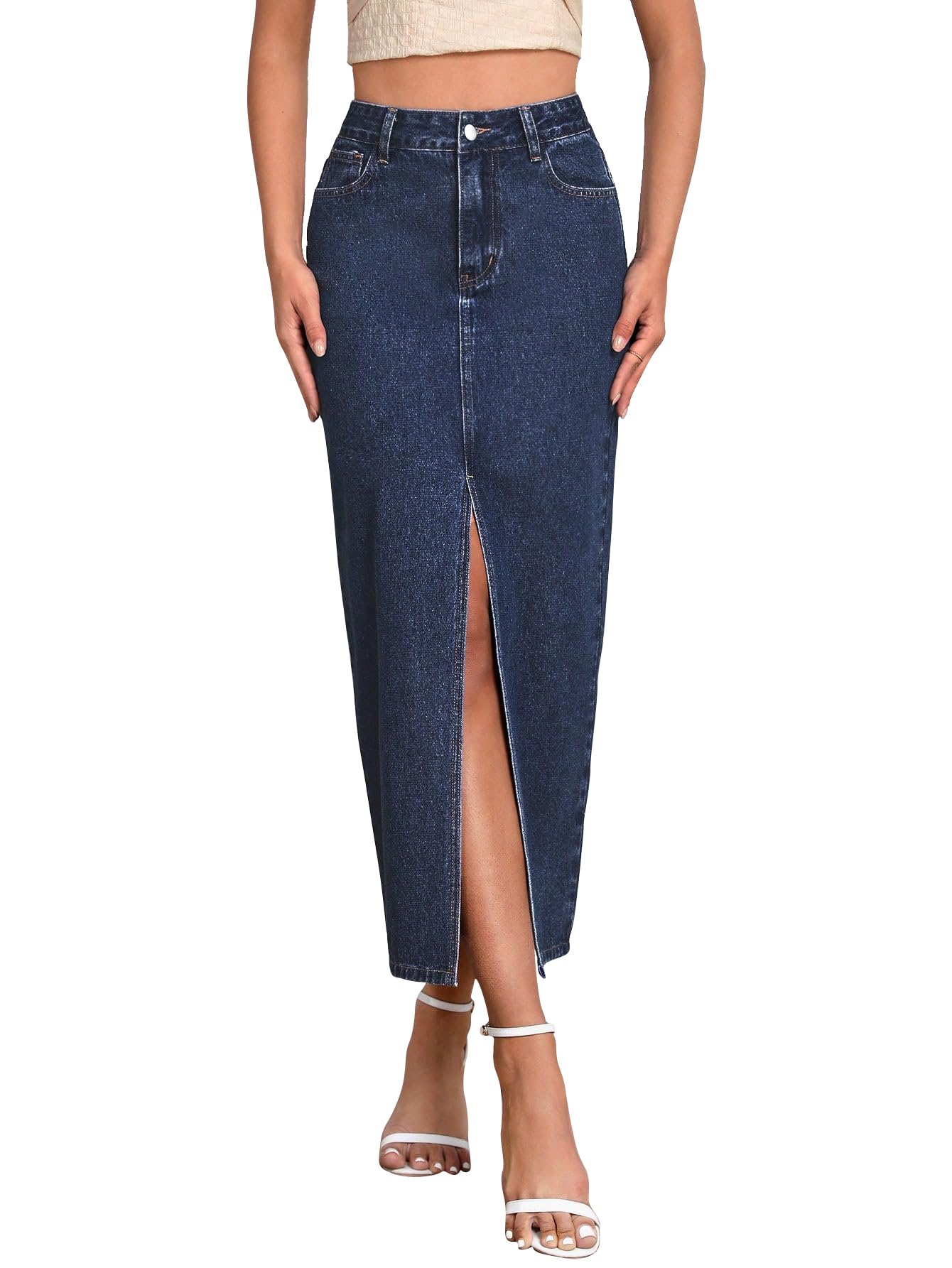 shasmi Women's Elegant Blue Solid High Waist Split Thigh Denim Maxi Skirt for Women's & Girl's (Skirt 180)-picture-32