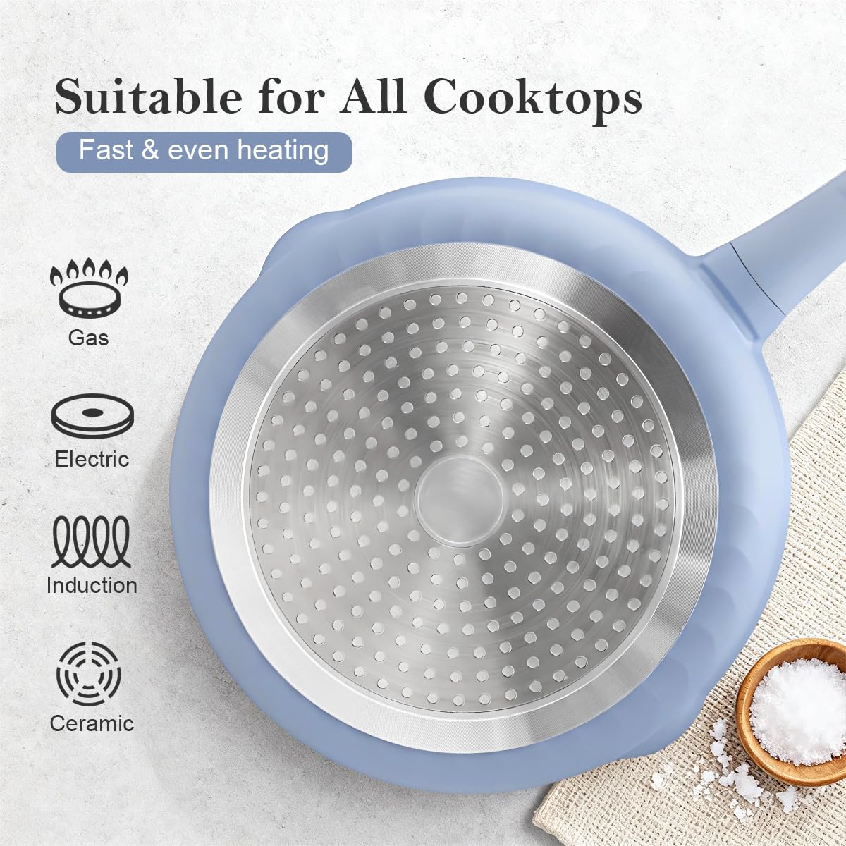 AIKENBBKK padella in ceramica 28 cm con coperchio, padella con rivestimento antiaderente con manico rimovibile, adatta a tutti i piani di cottura, adatta al forno (Azzurro)