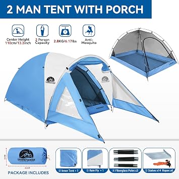 2/4 Man Camping Tent with Porch,Waterproof Double-Skin Dome for Backpacking