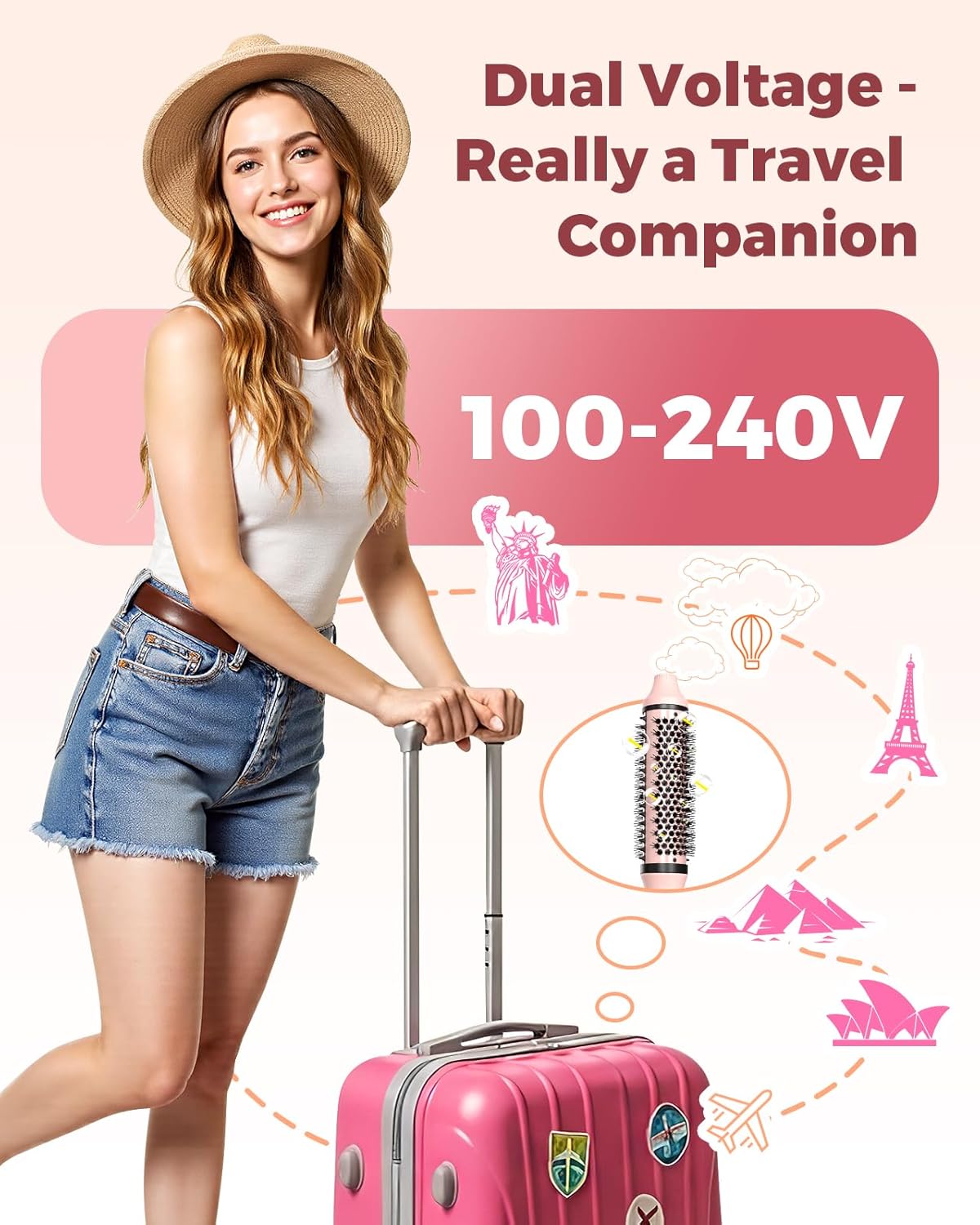 Bopcal Dual Voltage Thermal Brush, 1.5 Inch Heated Round Brush for Blowout Look, Heated Curling Styler with Negative Ions & Ceramic for Volumizing, 6 Temps & Auto Shut-Off,No Damage, Pink