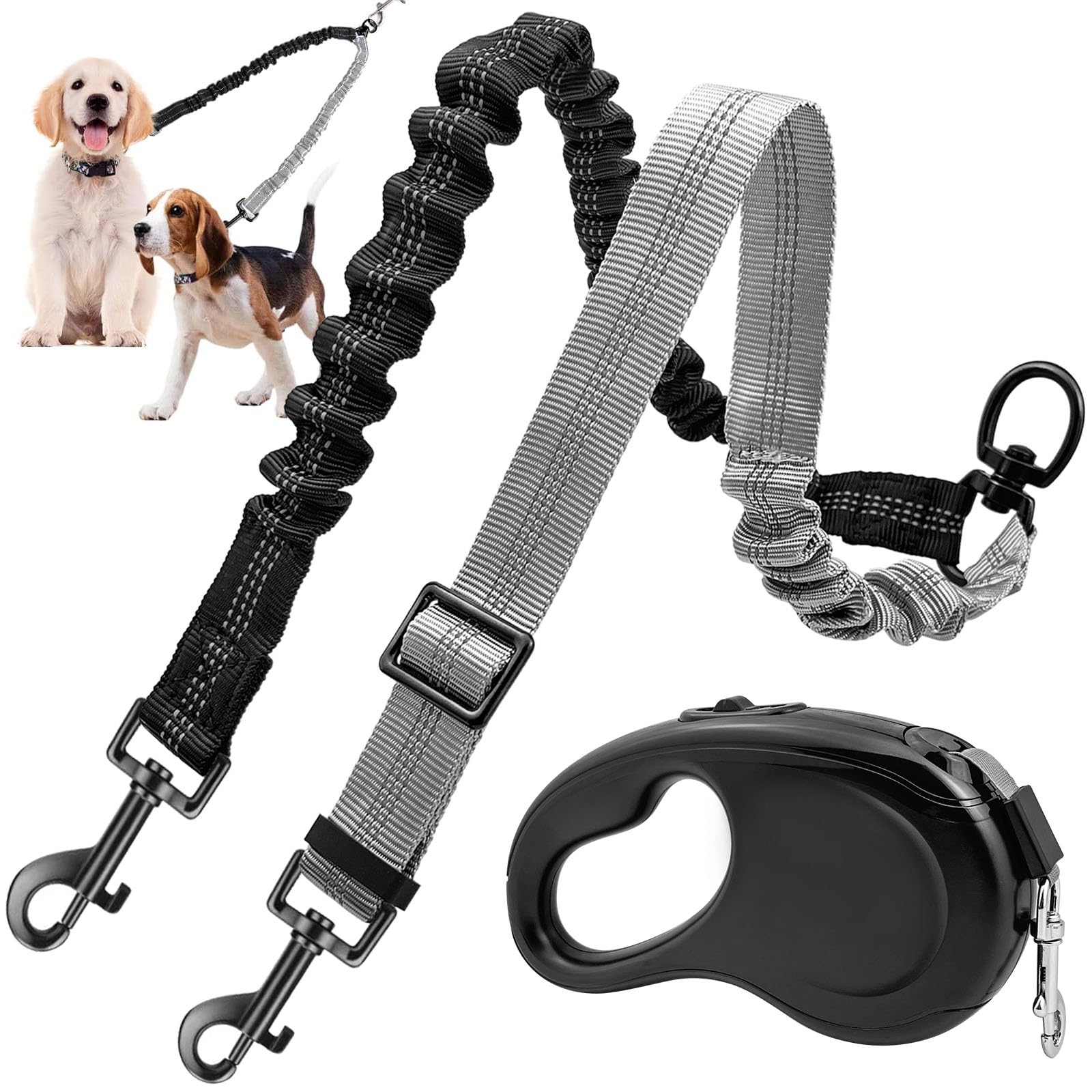 Doppio guinzaglio senza grovigli, doppio guinzaglio per 2 cani, regolabile, riflettente, doppio guinzaglio per cani di taglia piccola, media e grande