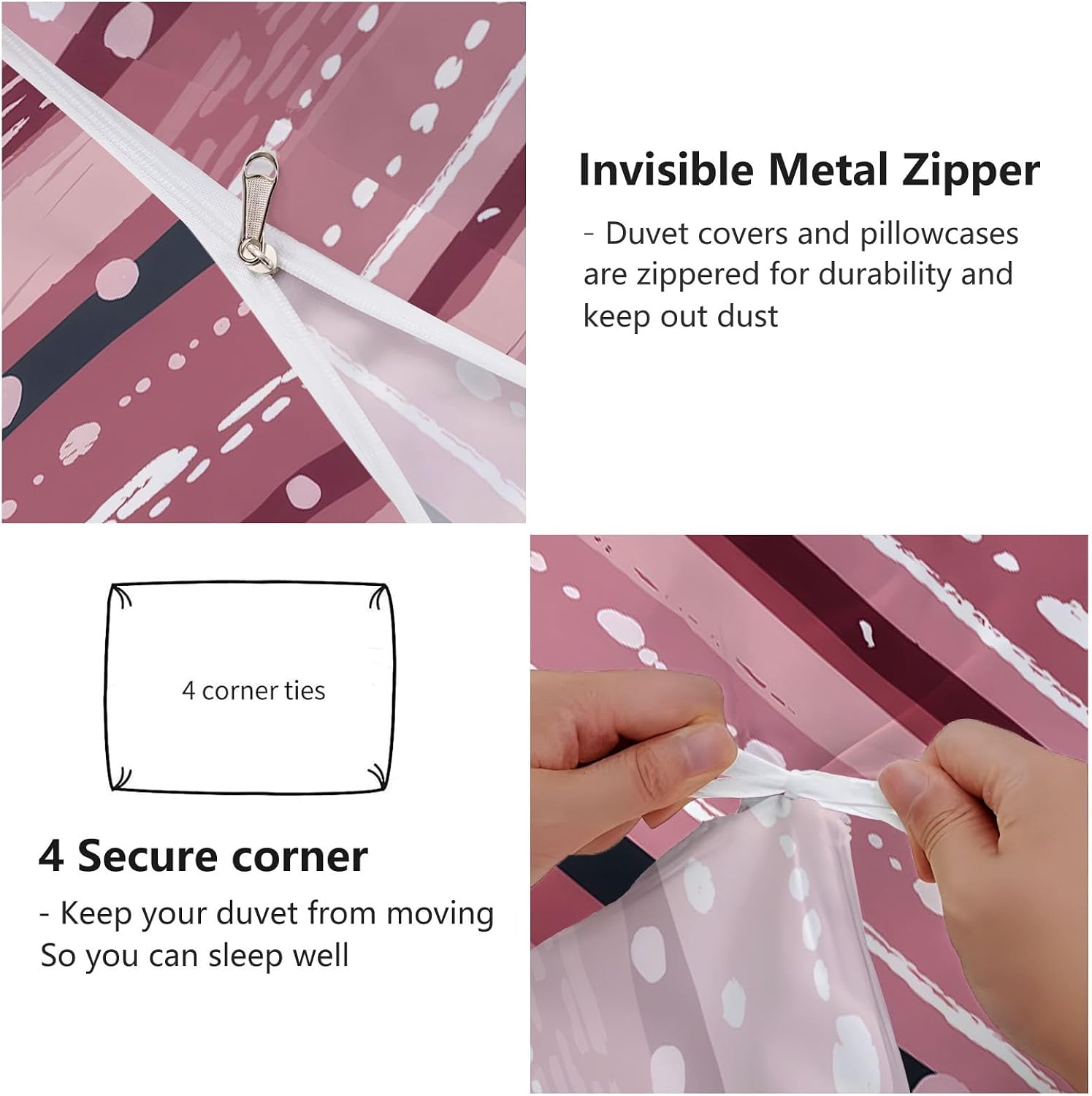 Duvet Cover Sets Hand-Painted Traditional Stripes Polka Dots Reversible Bedding Printed Sets, Full Size 80"x90" Bedding for Kids Boys Girls Adult, Quilt Cover with Zipper Closure 4 Ties, Pink