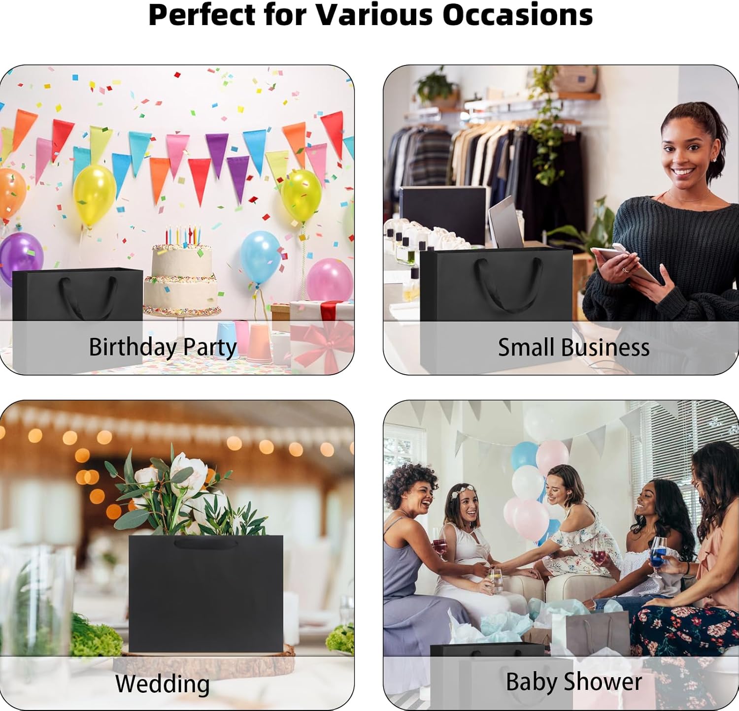 QIELSER 12 Pack Large Kraft Gift Bags - Black Paper Shopping Bags With Ribbon Handles for Weddings, Parties, Retail - 12.6x4.5x10 Inches - Image 6