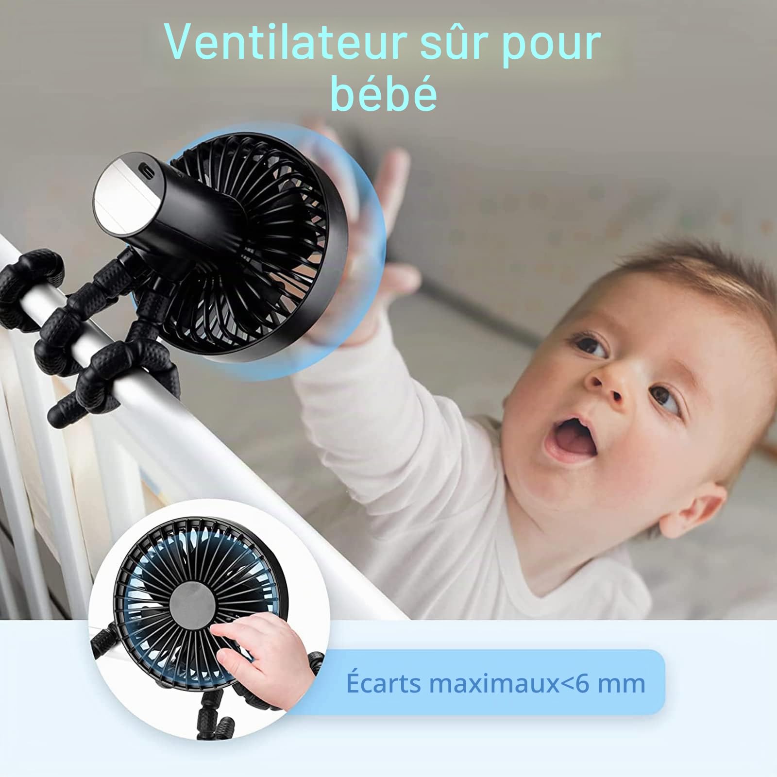 Ventilateurs pour Poussettes, Ultra Silencieux Ventilateur USB portable, Mini Fan avec Trépied Flexible, 3 Vitessesc avec Rechargeable, pour Poussette, Siège d'Auto, Tente, Bureau, Chambre