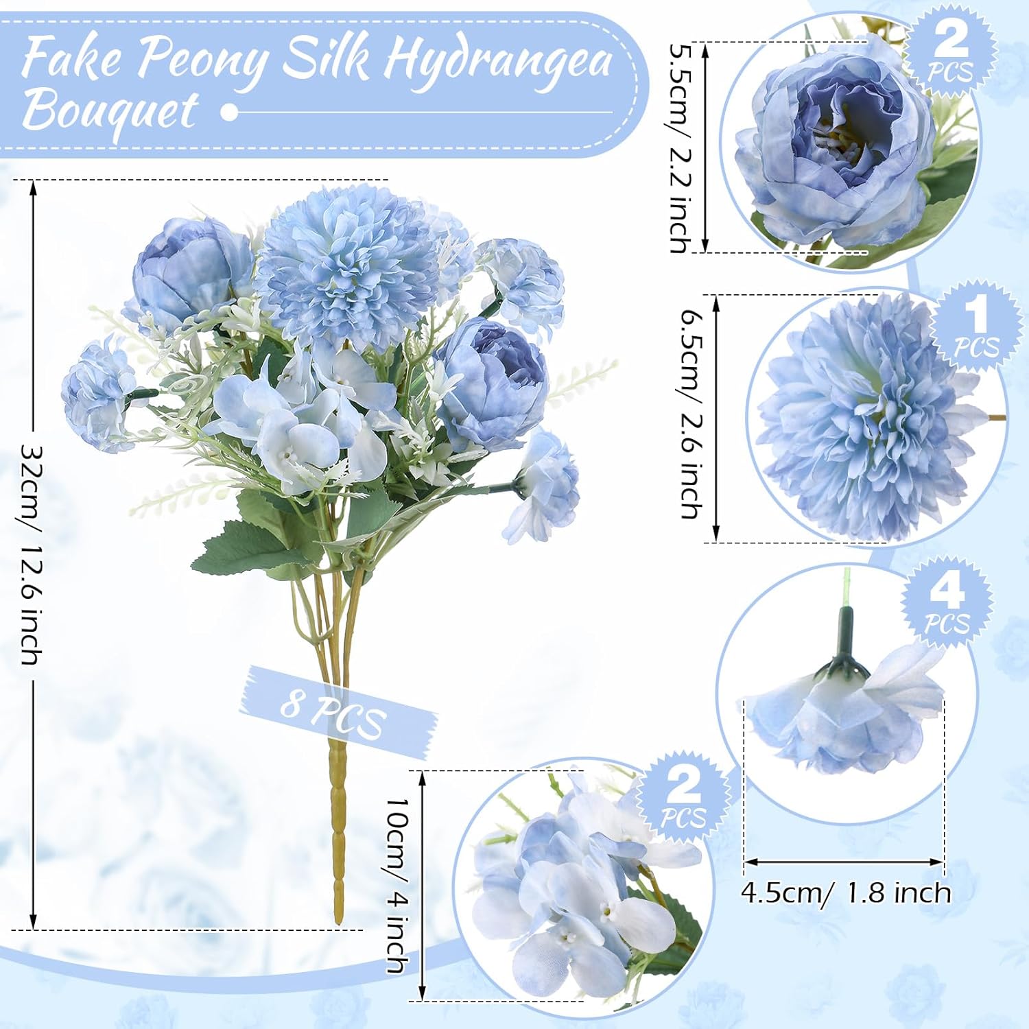 Lyrow 8 Pcs Peony Artificial Flowers Fake Silk Hydrangea Bouquet Elegant Peony Flowers for Wedding Decoration Faux Realistic Floral for Home Party Table Centerpieces Arrangement (Gradiente Blue)