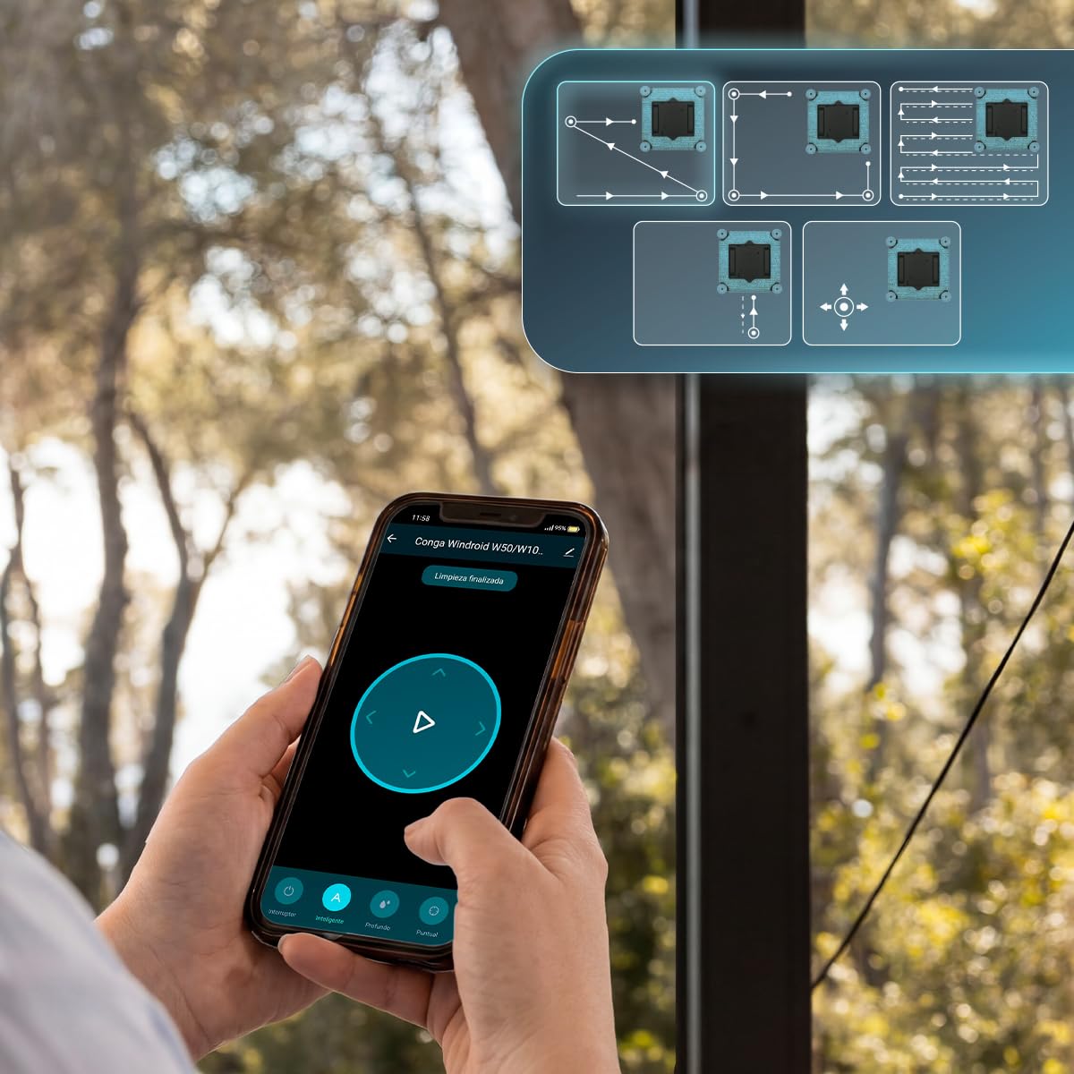 Cecotec Robot Lave-vitres avec App et Télécommande Conga Windroid W50 Double Spray. Pulvérise, Nettoie et Sèche, 6300Pa, Design Carré, 4 Serpillières et 4 Sprays, 5 Modes, Double Système de Sécurité