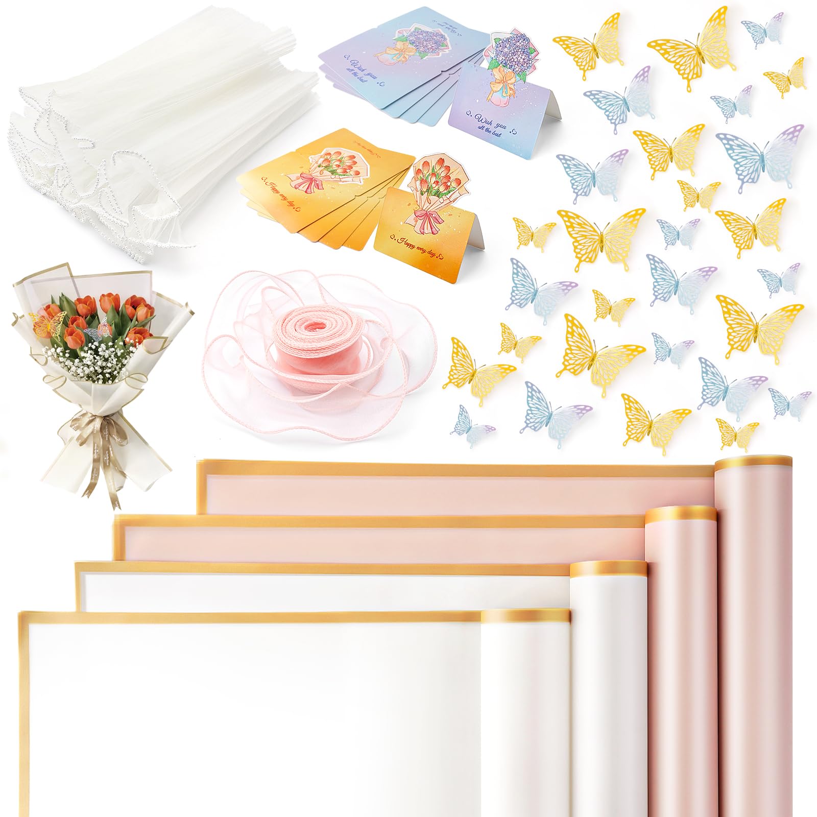 JESTOP 100Pcs Flower Wrapping Kit, Wedding Supplies, 40Pcs Wrapping Paper With Butterfly, Pearl Floral Mesh, Ribbon, Cards for Bouquet, Valentine's Day, Birthday