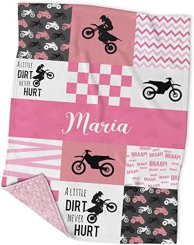 Personalized Motocross Pink Minky Baby Blankets with Name, Customized Dirt Bike Patchwork Design Blanket for Girls - Registry Gifts - Soft Plush Infant Toddler Baby Newborn Blanket
