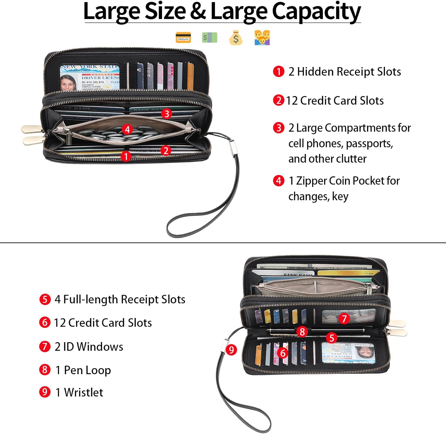 GAEKEAO Wallet for Women Clutch Leather RFID Blocking Wristlet Purse Zip Around Wallets Large Capacity Credit Card Holder - Image 2