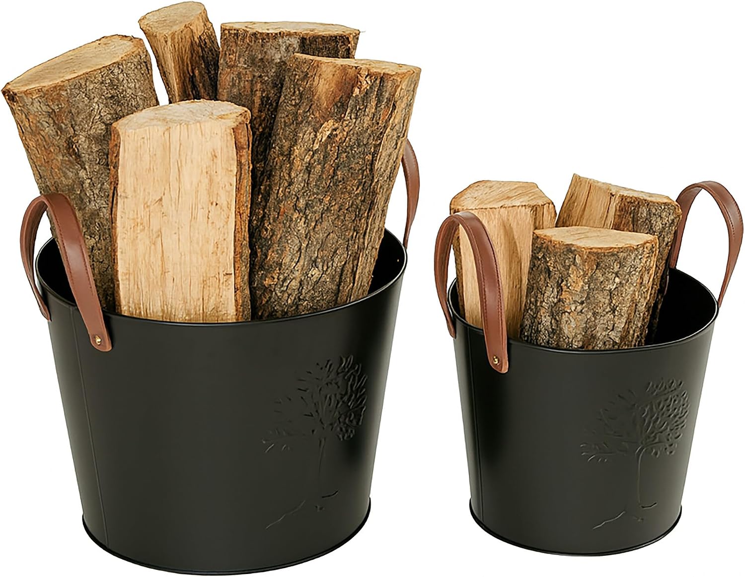 Relaxdays Set of 2 Wood Baskets, Firewood and Ignition Wood, Metal, Leather Handles, Tree of Life Design, Black/Braun