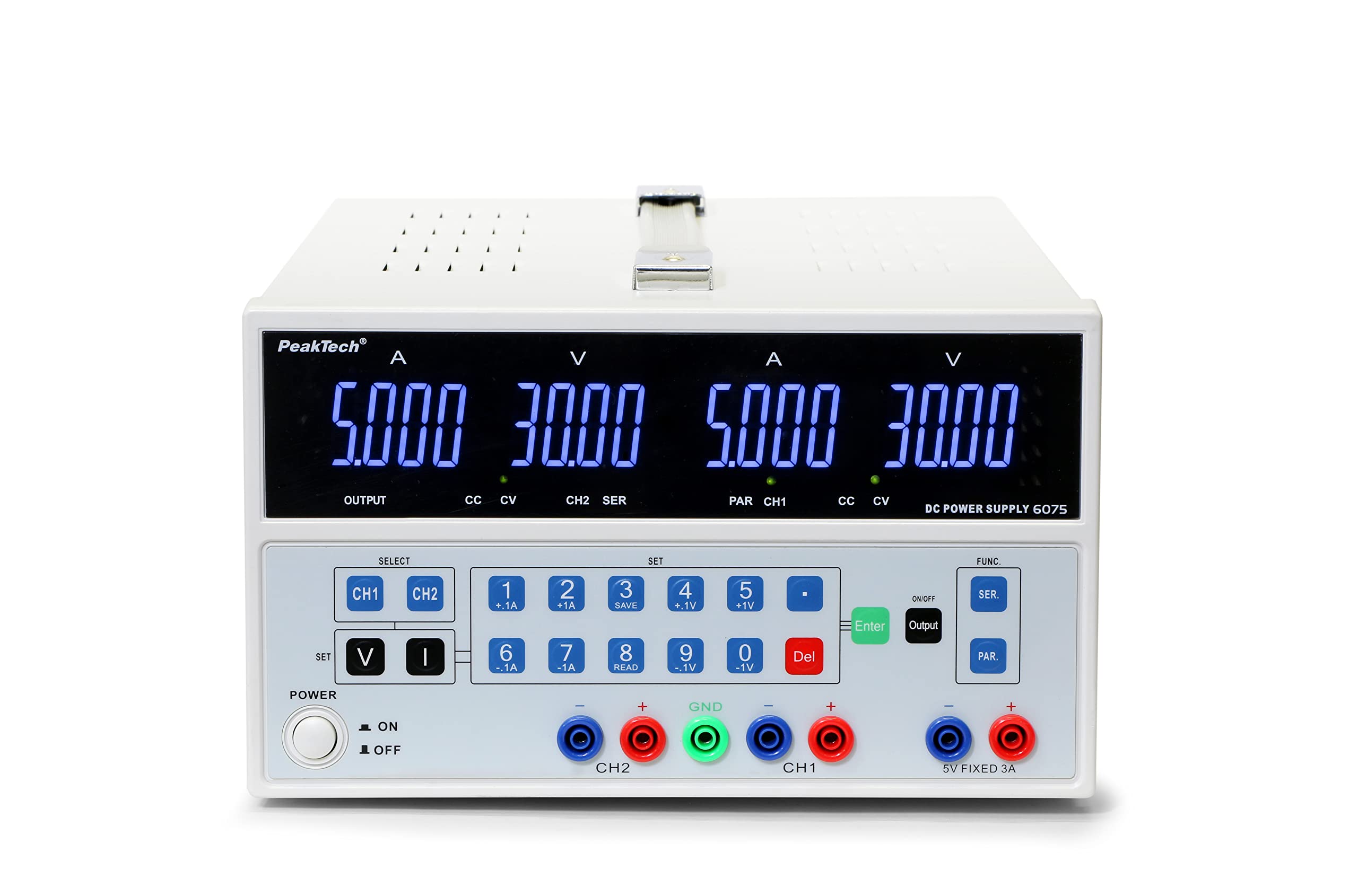 PeakTech - Alimentatore da laboratorio digitale doppio, 0-30 V / 0-5 A DC con USB, stabilizzato, lineare, 1 mA e risoluzione 10 mV, senza ventola, 1 pezzo, P 6075