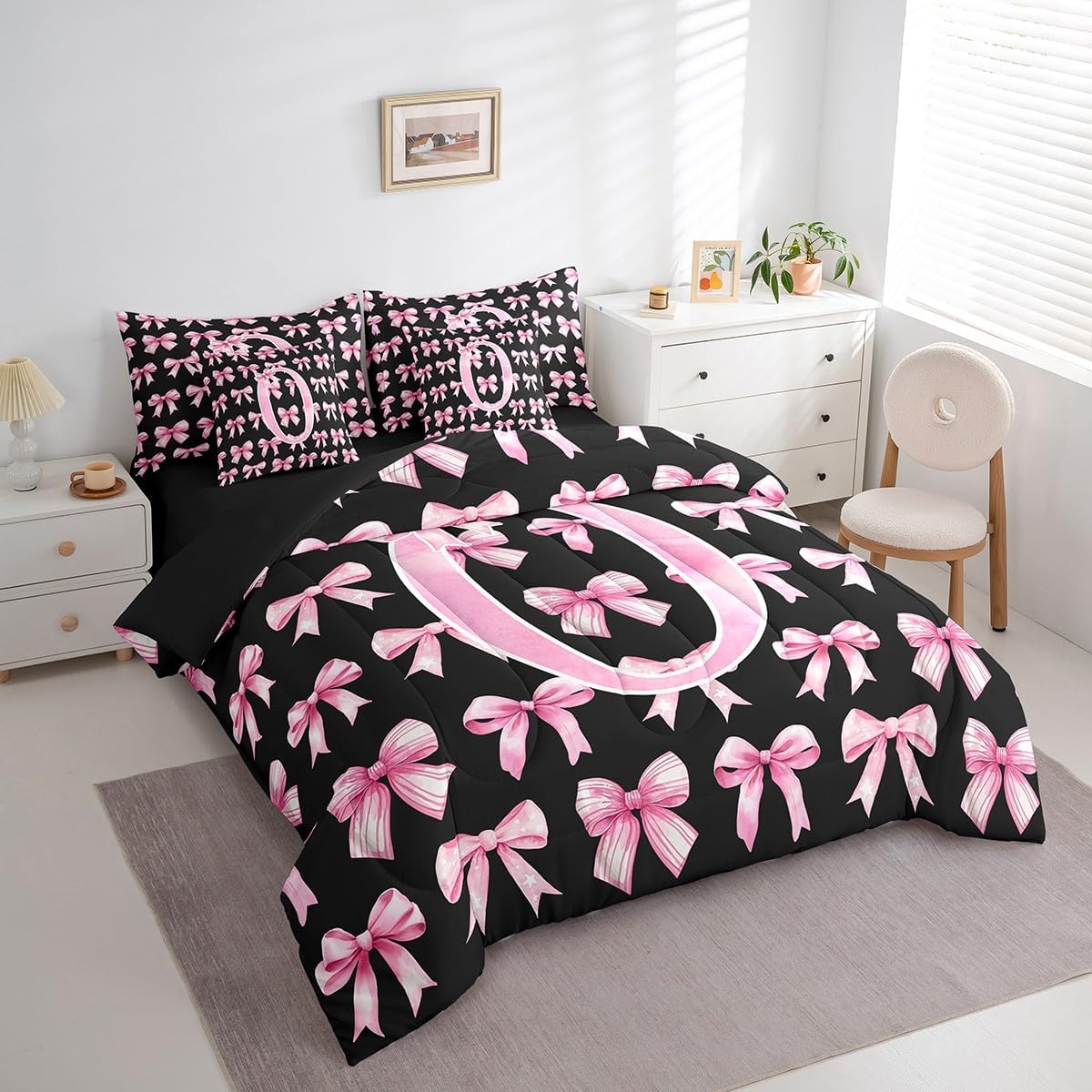 Pink and Black Bow 7 Piece Bedding Set Twin Size 3D Coquette Initial O Bed in a Bag for Kids Teens Girls Princess Preppy Bowknot Comforter Set with Sheets Watercolor Aesthetic Duvet Insert(O) - Image 3