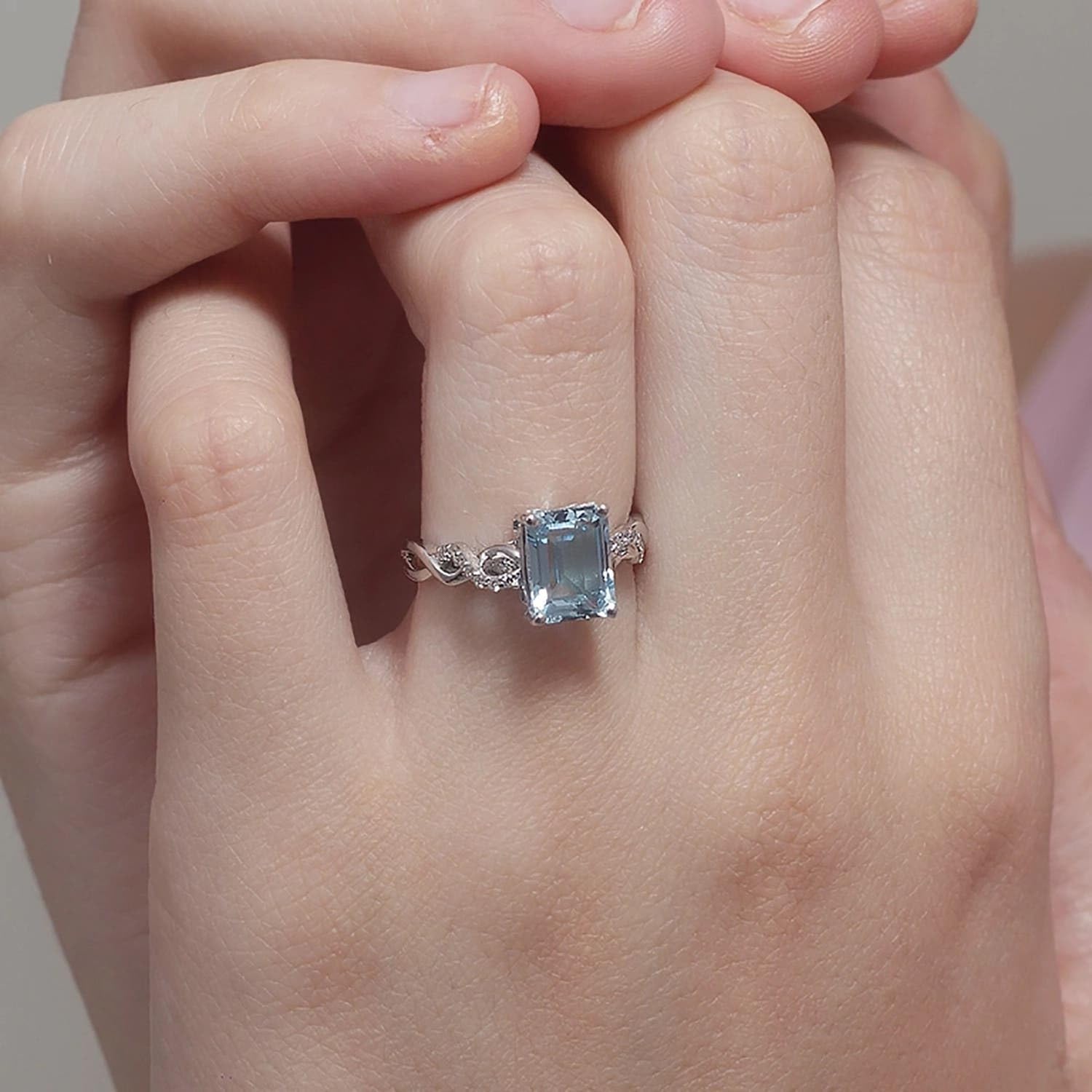 Angara Natural Aquamarine Ring for Women | Emerald-Cut Solitaire Aquamarine in 14K Solid Gold/Sterling Silver/Platinum | March Birthday, Anniversary, Gemstone Jewellery Gift - Image 4