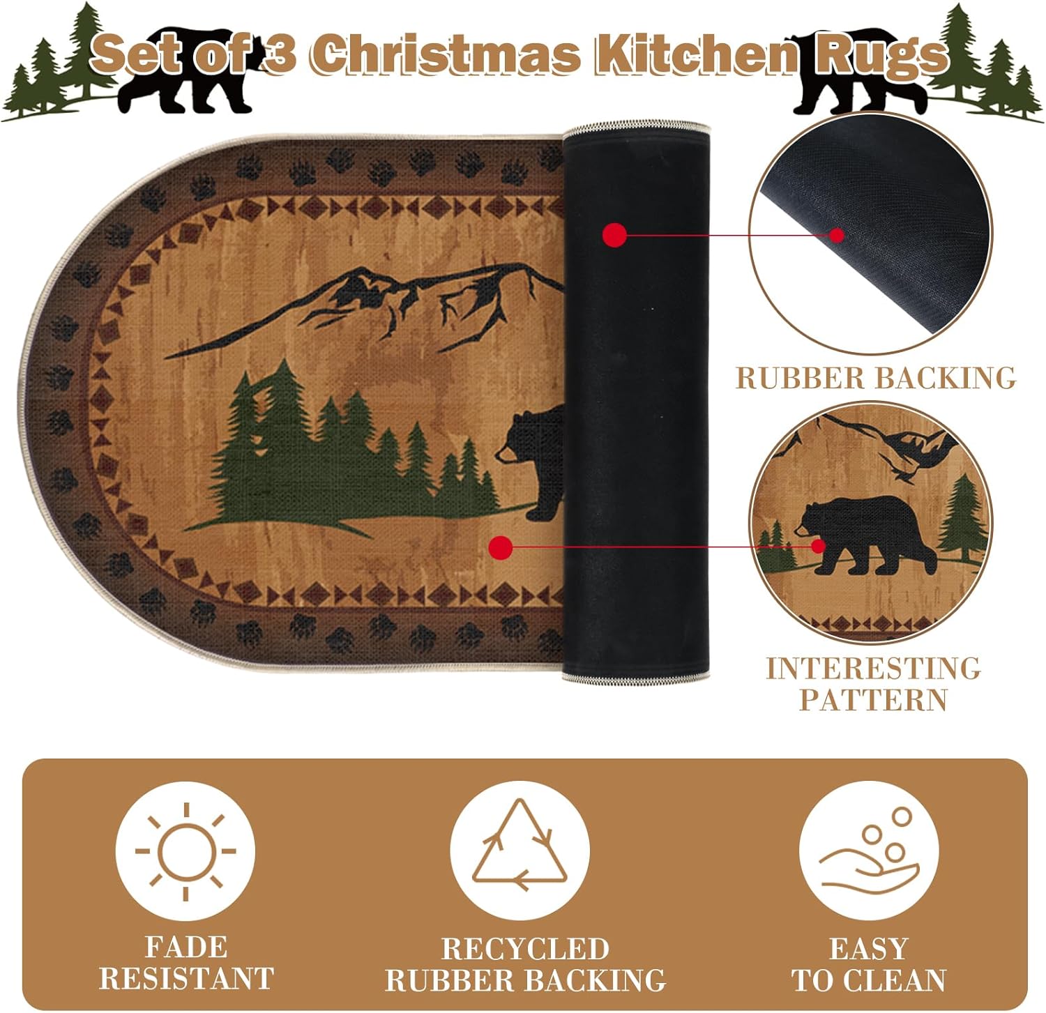2 Pcs Bear Non Skid Rug Rustic Lodge Theme Area Rug with Bear and Cub Scene Cabin Rug Bear Farmhouse Rug Winter Kitchen Cabin Rug Christmas Bear Decor for Home Bathroom Bedroom Living Room