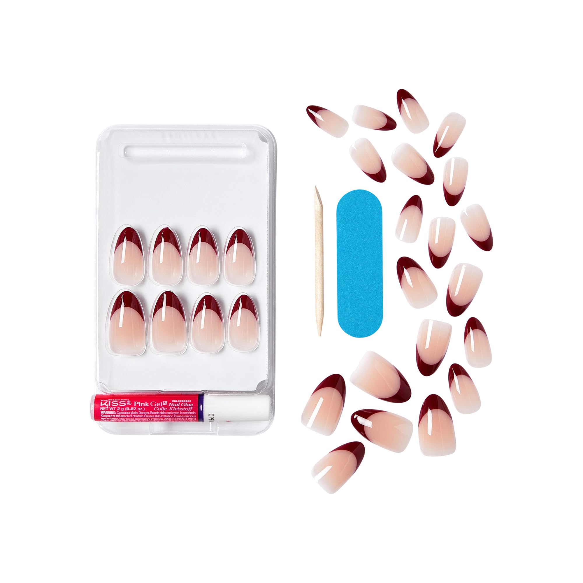 KISS Salon Acrylic French "Catchy", fioletowy, średniej długości w kształcie migdałów – 28 sztucznych paznokci do naklejania DIY, 2 g kleju do paznokci, 1 patyczek do manicure, 1 mini pilnik
