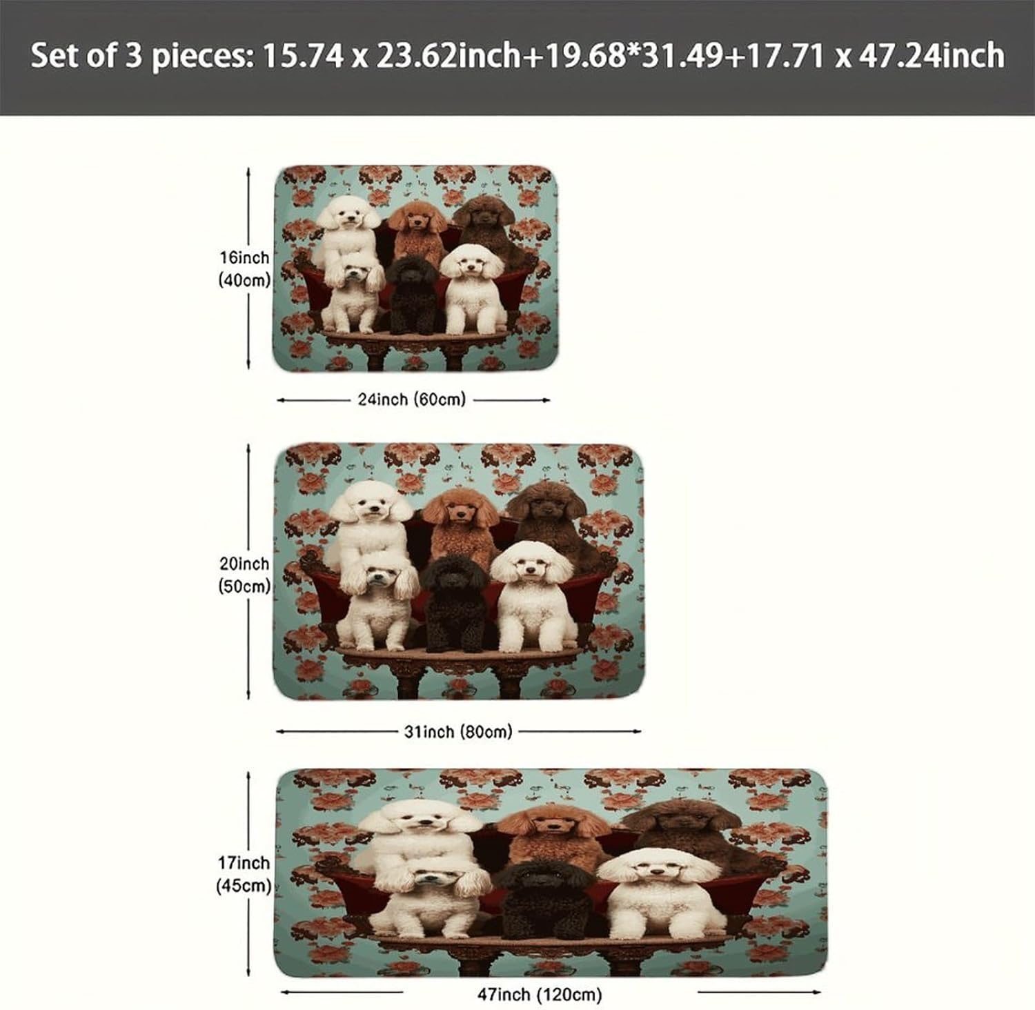 Poodles Dogs Kitchen Rugs Set of 3 Non Slip Washable Kitchen Mats for Floor Soft Area Rug Kitchen Floor Mat Cushioned Anti Fatigue Mats Standing Sink Mat Decor Runner Rugs